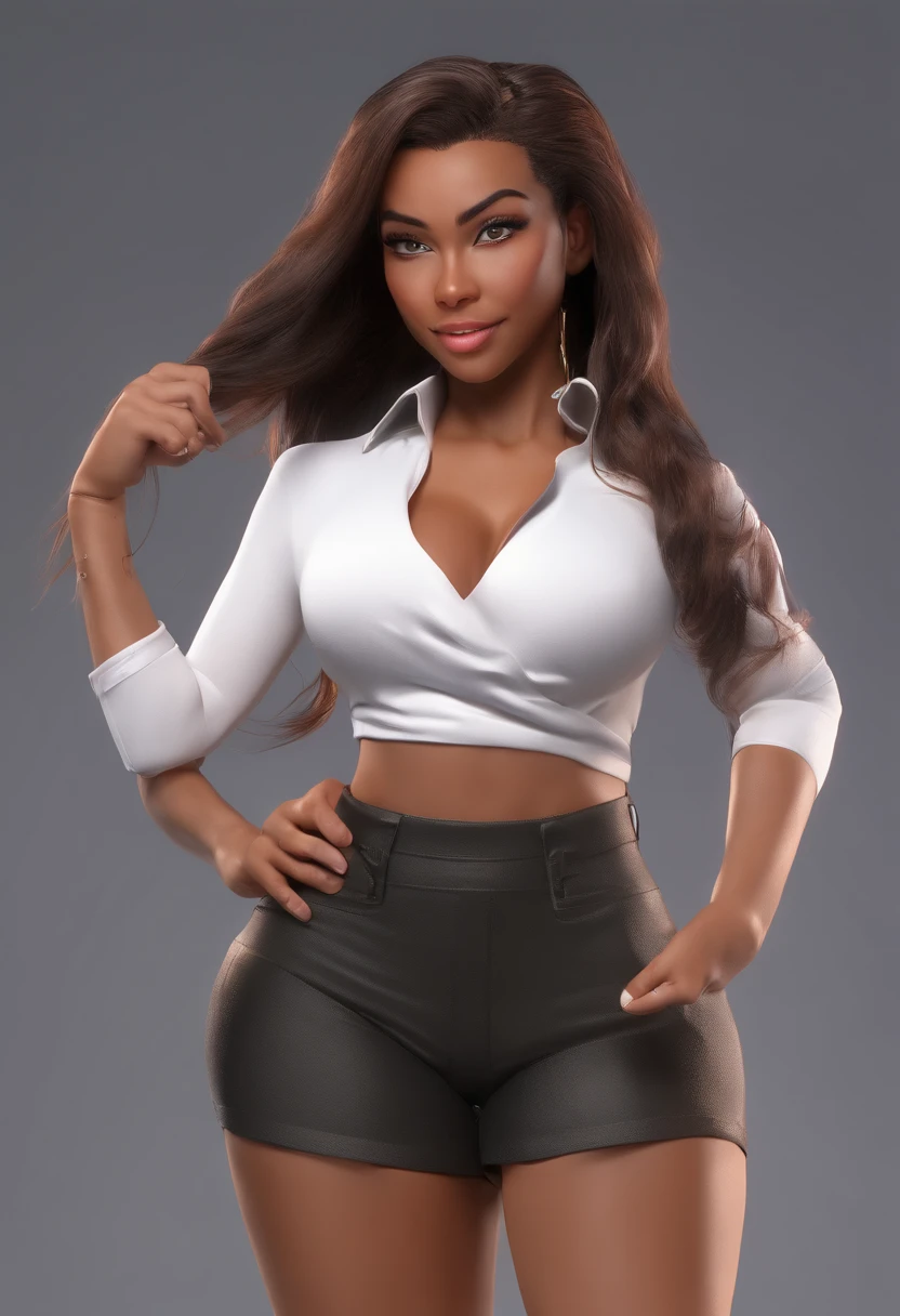 Sexy brown skin huge breast attractive face female ponytail black hair tight clothes white shirt badass
