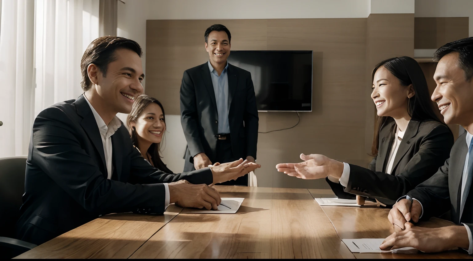 Smiling technology executives finalize an agreement with a handshake. In the background, other executives are seated at the meeting table. The image is extremely realistic, in bright tones, well-lit, and in landscape format.