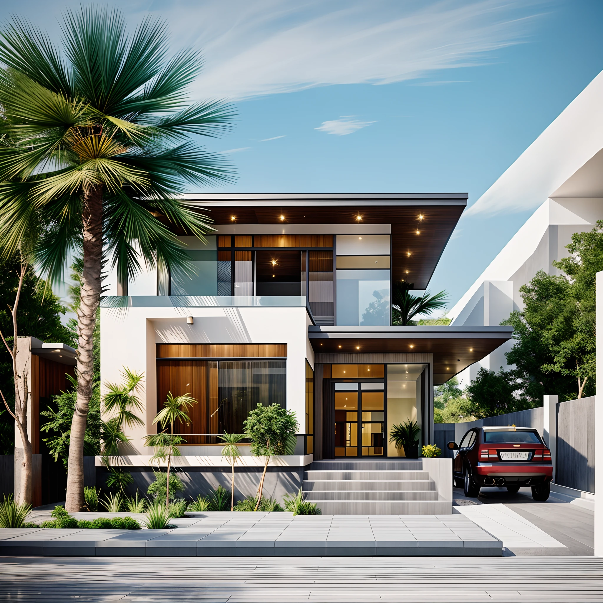 A modern house on a vast hillside, 8K sharp realistic images, large front yard, daylight , indoor lighting: 1.2 shimmer, cinematic lighting, main facade Transparent aluminum glass door frame, 2-panel door, 2 windows, transparent curtains, white painted walls , Warm sunrise sky, friendly feeling, front yard , rose beds, light yellow wall lights