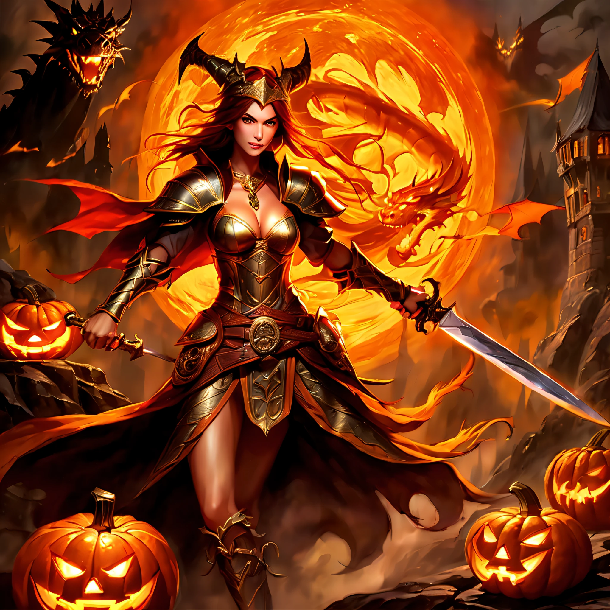 enter a world of epic battles and mythical creatures, phantom of a jack-o-lantern and dragon warrior lady, swords and magic, legends unfolds before, combines the ancient and medieval eras filled with a dark and fantastical atmosphere, good versus, dark fantasy where every stroke of the brush is a masterpiece, highest quality rendering, highest resolution and flawless rendering, stunning detailed oil paint,