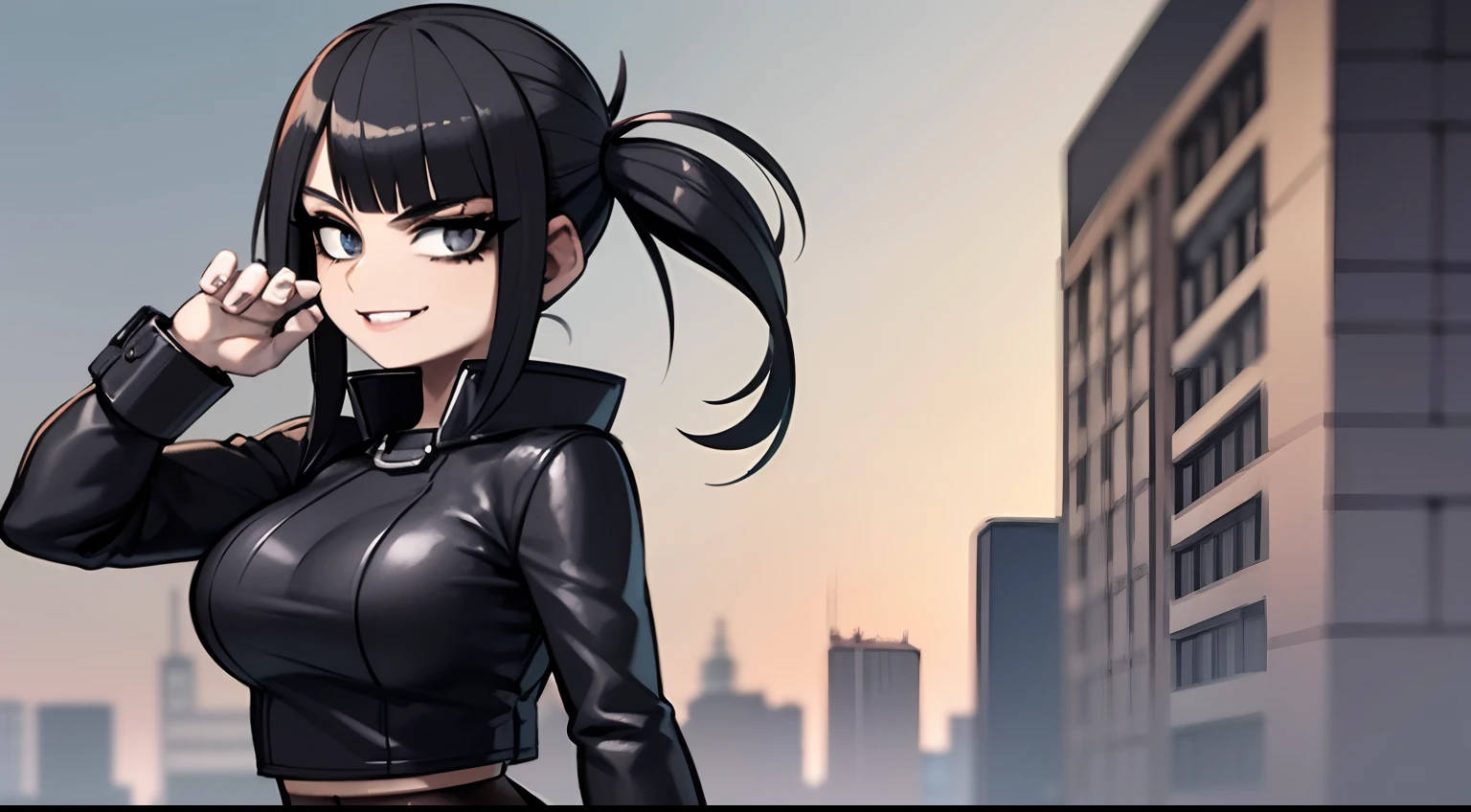 young girl,  Blinding Bangs hairstyle, black hair, punk outfit, latex blck top, jeans short, black lips, smiling, goth girl, 4k, in a city, rain city, grey cloudy sky, 4k, looking at viewer, masterpiece