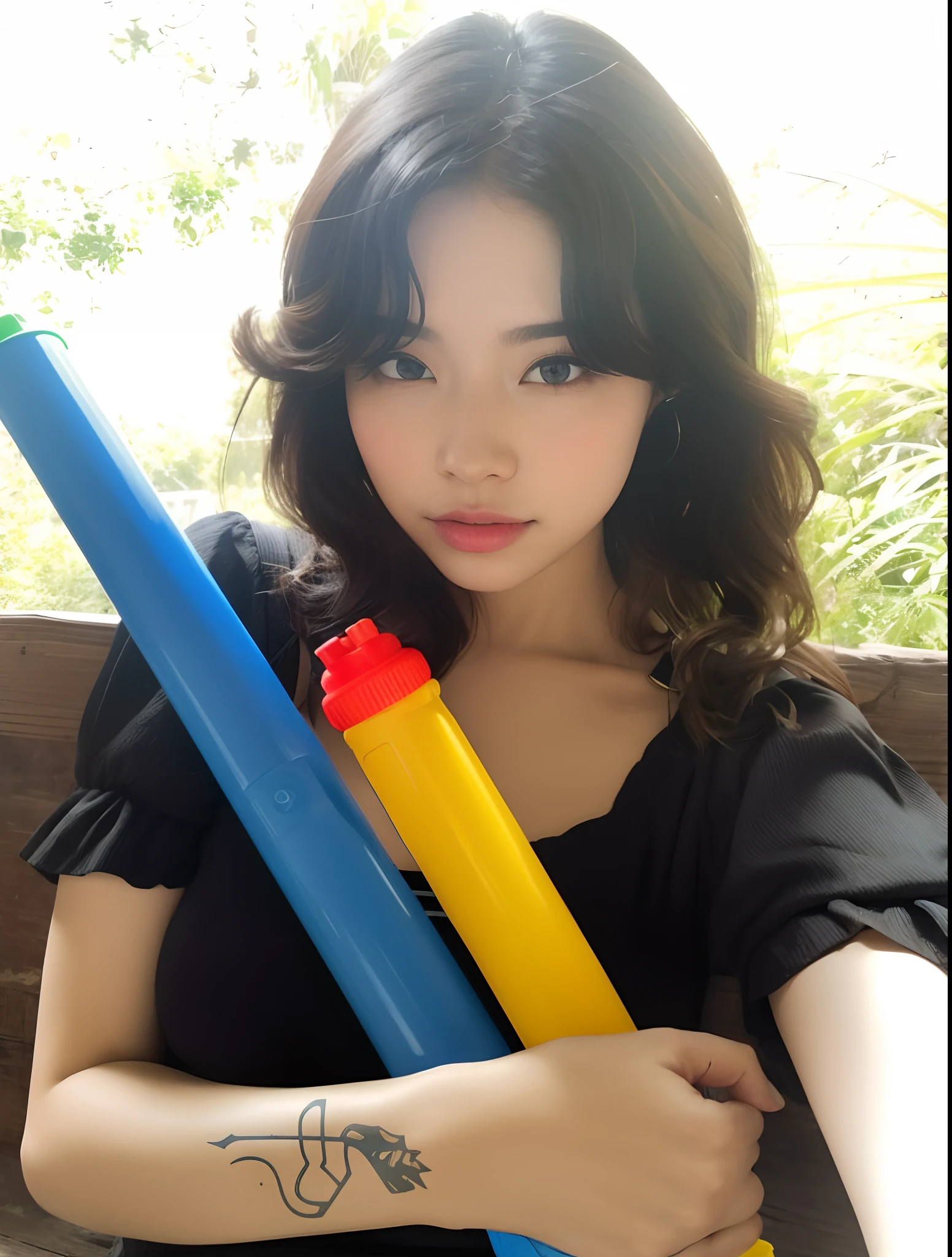Woman holding two plastic water guns and a plastic pipe, imagem vazada, holding a rocket launcher, com pistola, com fuzil, Fanart, jovem amouranth bonito, Dom Yunjoo, a mulher segura mais brinquedos, com enorme rpg, segurando um blaster, solo photoshoot, Heonhwa Choe, segurando um par de ventiladores. irreal 5, Ulzzang