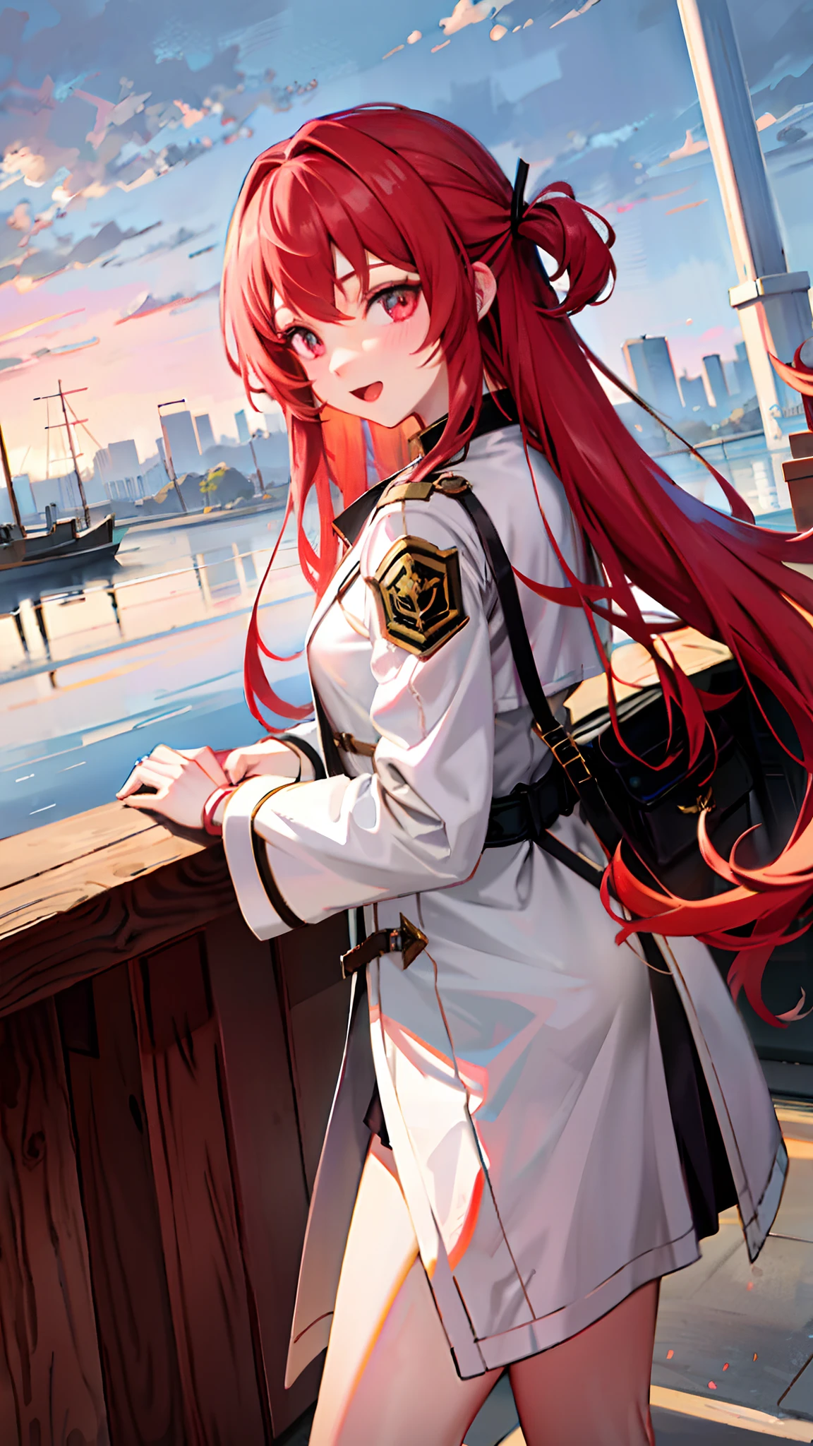 Anime girl with long red hair and white dress , she has red hair, Anime girl with long hair, zerochan art, ( ( wearing a long coat ) ),Masterpiece