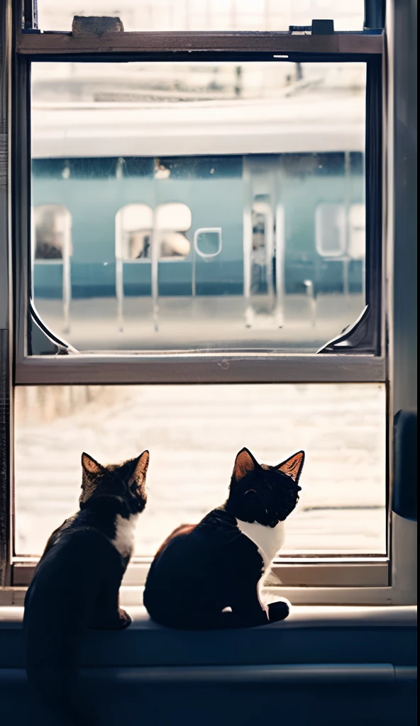 Two cats sticking to a train window