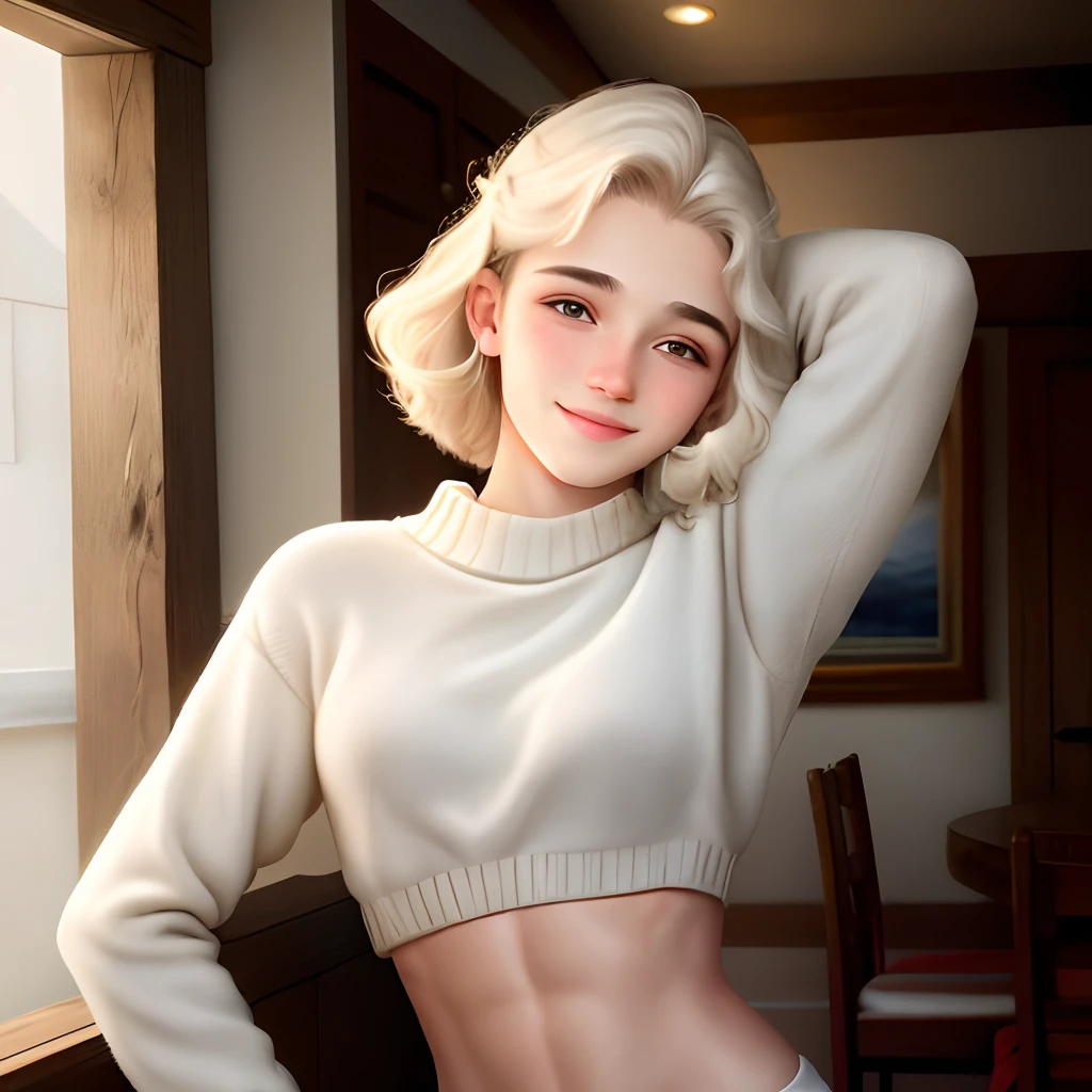 He is a -yeld bof average height and athletic body, com cabelos loiros e cacheados curtos e olhares expressivos. Her face is beautiful and delicate, com uma pele lisa e brilhante, e ele tem um sorriso cativante. Ademais, ele tem um corpo esbelto e musculoso, com ombros largos e quadril estreito.
wears comfortable clothes (sweaters and etc)