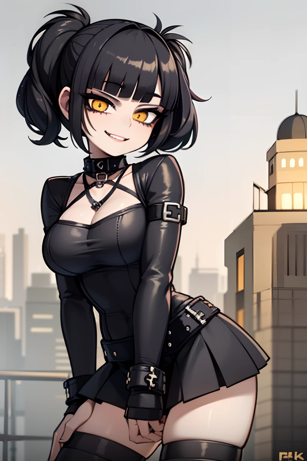 Girl, peekaboo hairstyle, black hair, punk outfit, Latex blck top, black skirt, black lips, smiling, goth girl, 4k, in a city, Rain city, Gray cloudy sky, 4k, Looking at the Viewer, masterpiece