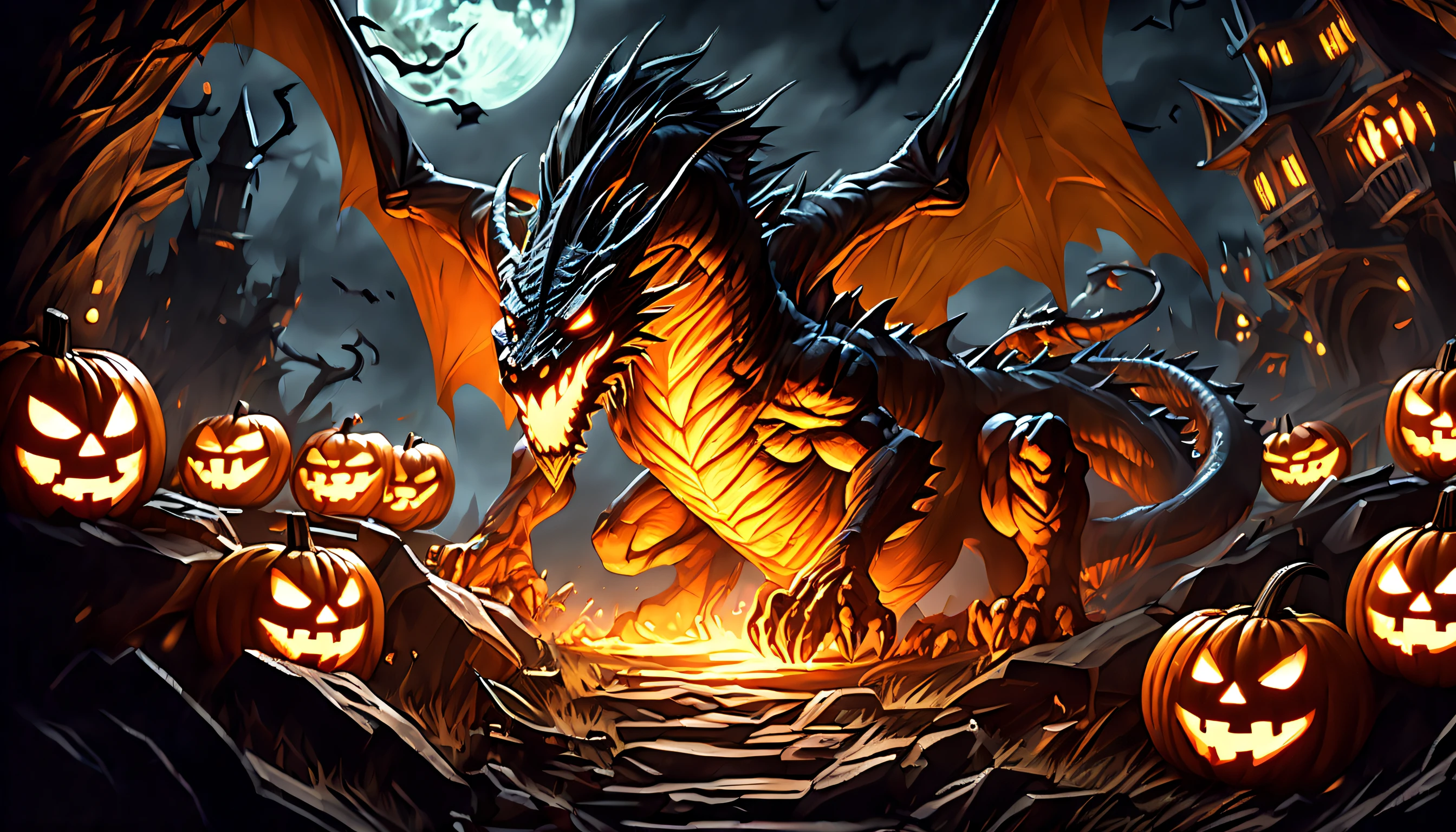 enter a world of epic battles and mythical creatures, (((phantom of a jack-o-lantern and dragon:1.3))), ((swords and magic world:1.2)), legends unfolds before, combines the ancient and medieval eras filled with a dark and fantastical atmosphere, good battle, dark fantasy where every stroke of the brush is a masterpiece, highest quality rendering, highest resolution and flawless rendering, (((stunning detailed paint:1.3))), (low key lighting), (((intricate insane details:1.3))),