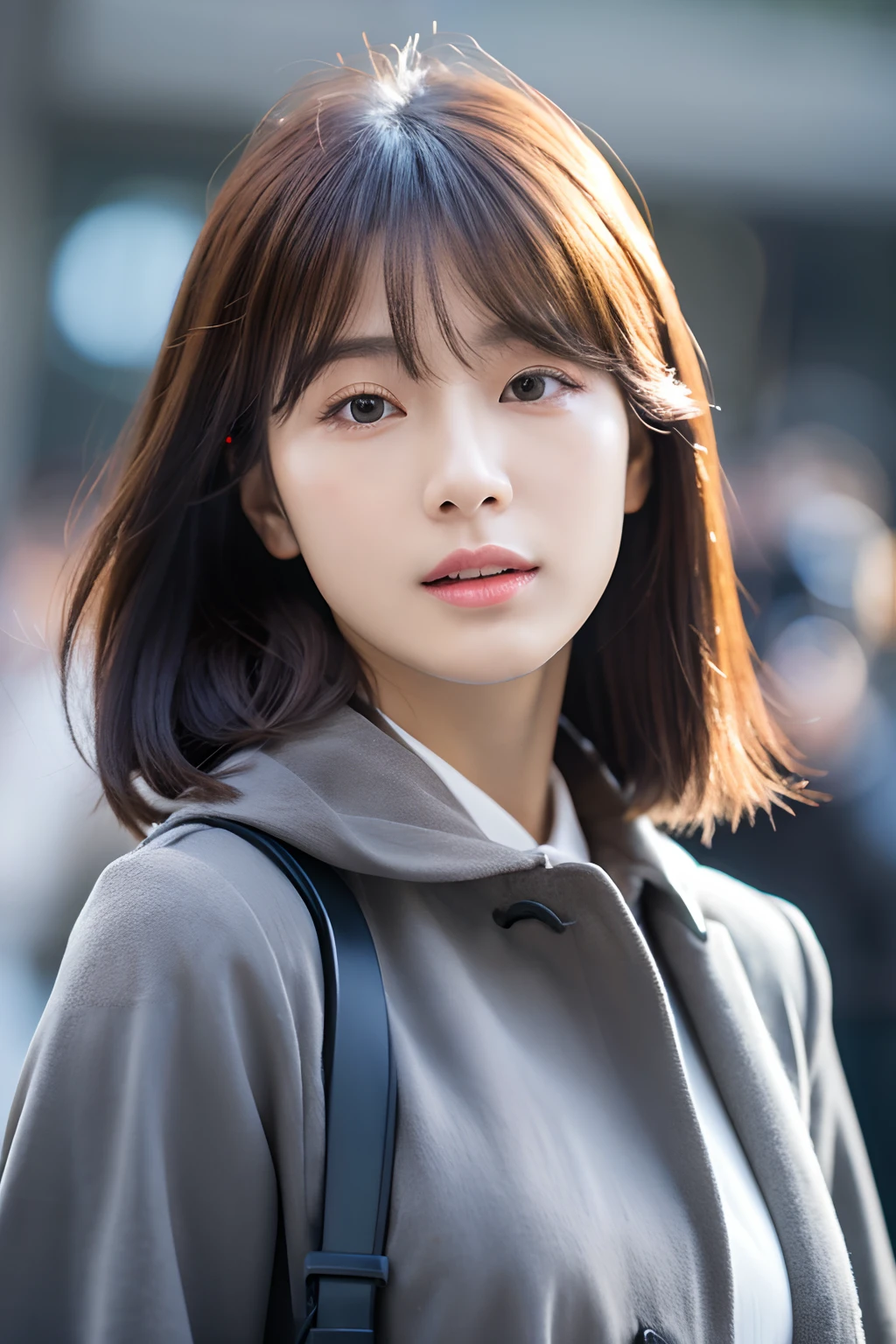 Korean Women、Realistic photo shoulder length hair、Thin makeup、Small breast size、Wearing a coat、Clear facial features、8K High Resolution、sharp and realistic details、From the outside、Eye level shots、Background blur、full bodyesbian、F / 4.0、135 mm、Fuji Film、jpegartifacts、dithering、nffsw、masterpiece