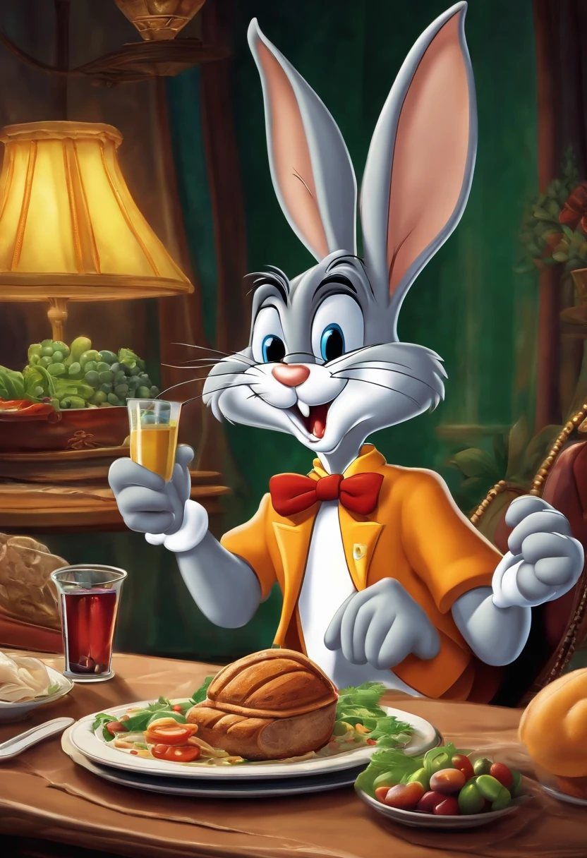 Pernalonga (Bugs Bunny) is the protagonist of the animated TV series Looney Tunes , centado em uma mesa repleta de comida saudavel fundo clean