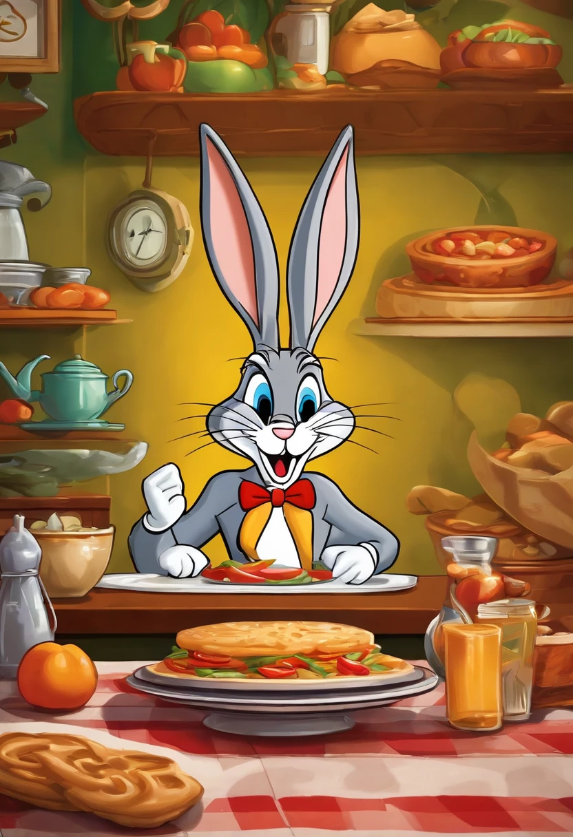 Pernalonga (Bugs Bunny) is the protagonist of the animated TV series Looney Tunes , centado em uma mesa repleta de comida saudavel fundo clean