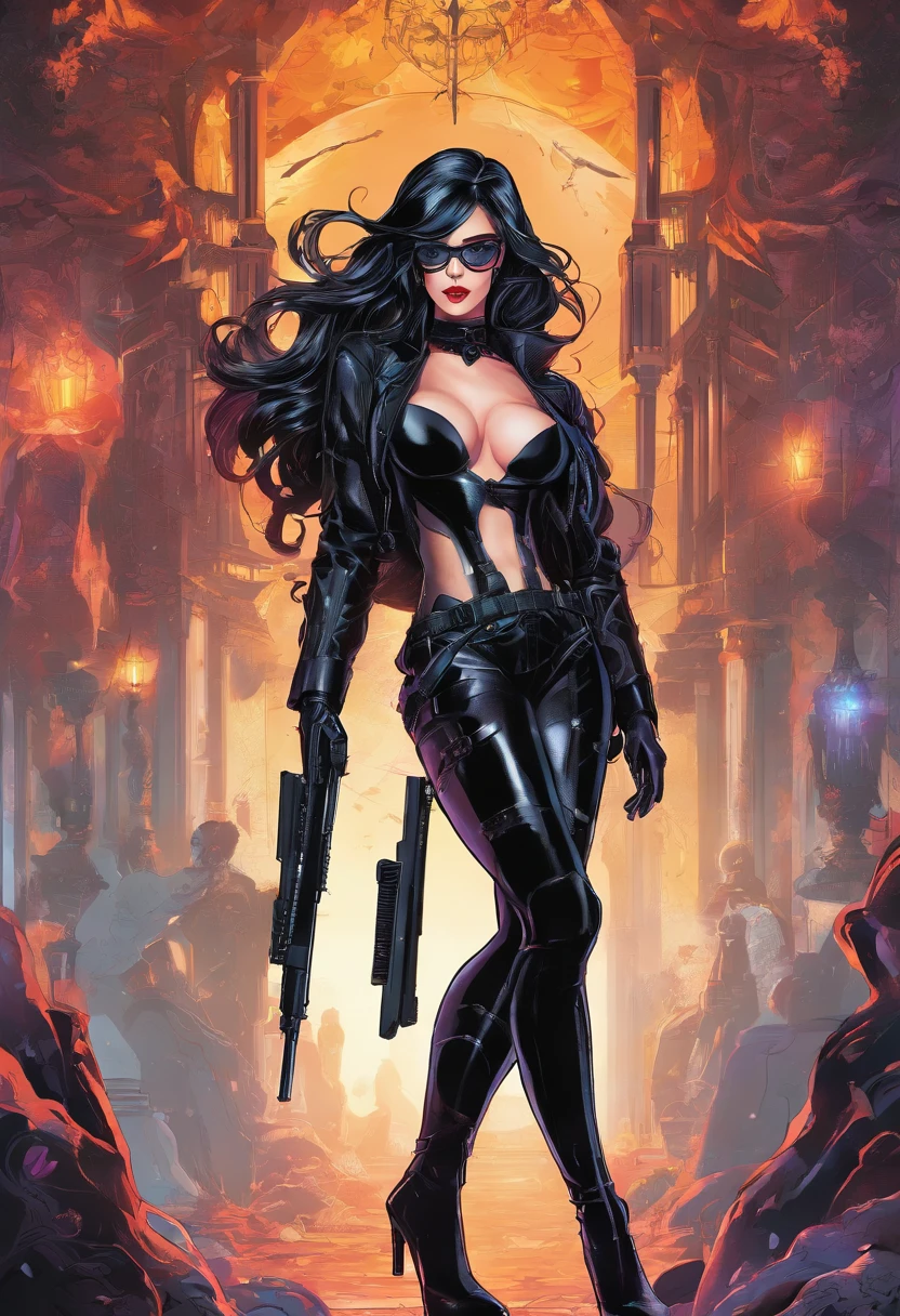 ((masterpiece)), best quality, 8k, high quality, high resolution, super detailed, ultra detailed, sexy, G.I. Joe Baroness woman, cyberpunk, black hair, pretty, long legs ,low cut black suit, holding gun, glasses, action pose, neon colors, full detail, ross tran style, rossdraws 2. 5, inspired by Ross Tran, halloween art style, extremely detailed artgerm