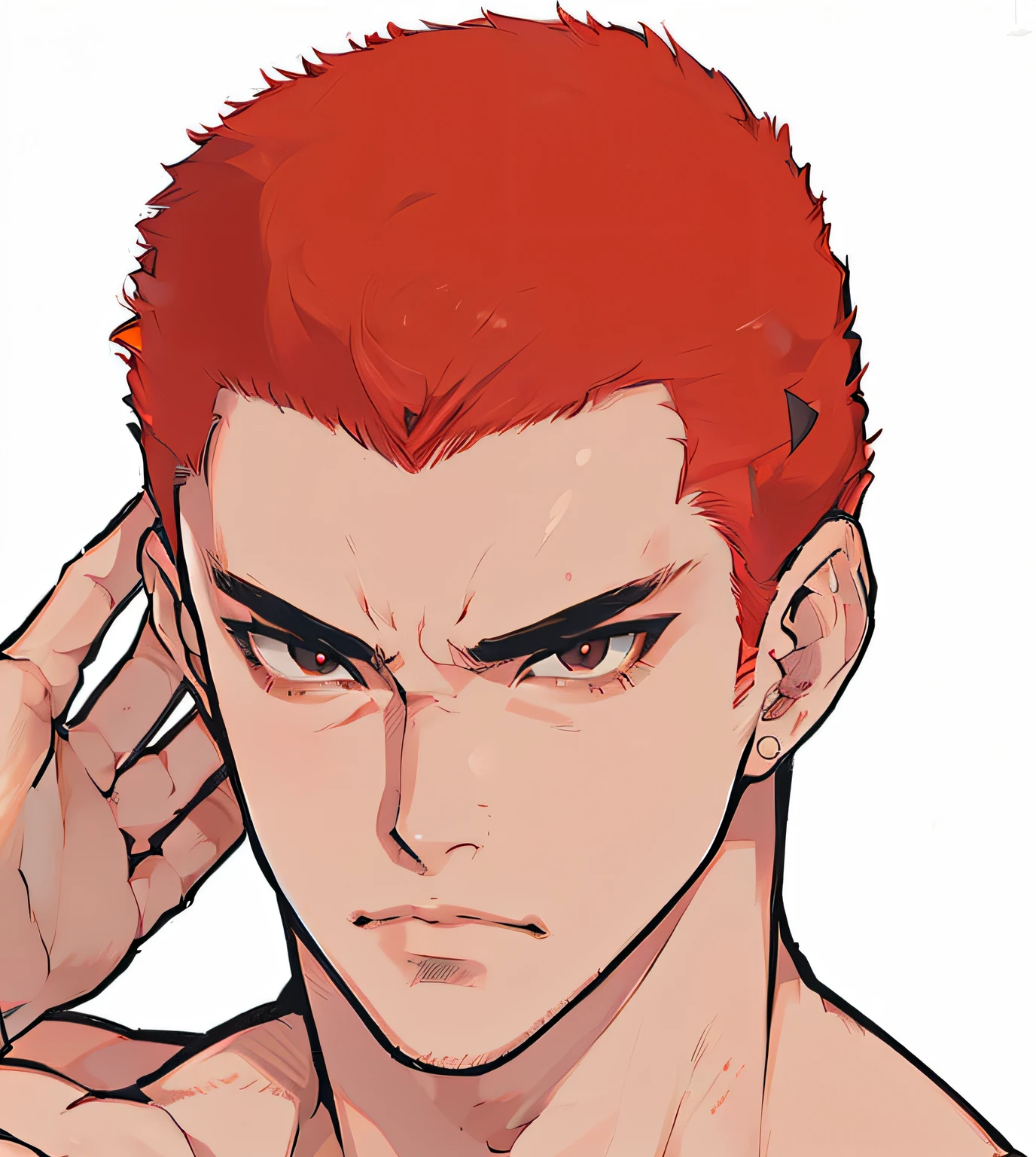 A handsome，Facial refinement，red tinted hair，Very short hair，The expression is fierce，quadratic element，Sakuragi Hanamichi，highly accurate