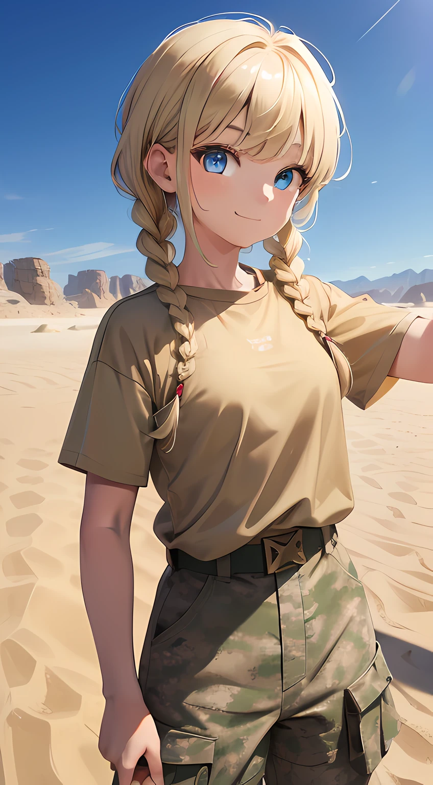 masterpiece, high quality, sand desert on background, (Military personnel:1.5)、(Desert Terrain:1.3), young girl, Smiling, Cute, blue eyes, blonde hair, Bangs hair, Hairstyle with 2 braids, looking up at the camera, Military camouflage pants, Brown-beige T-shirt