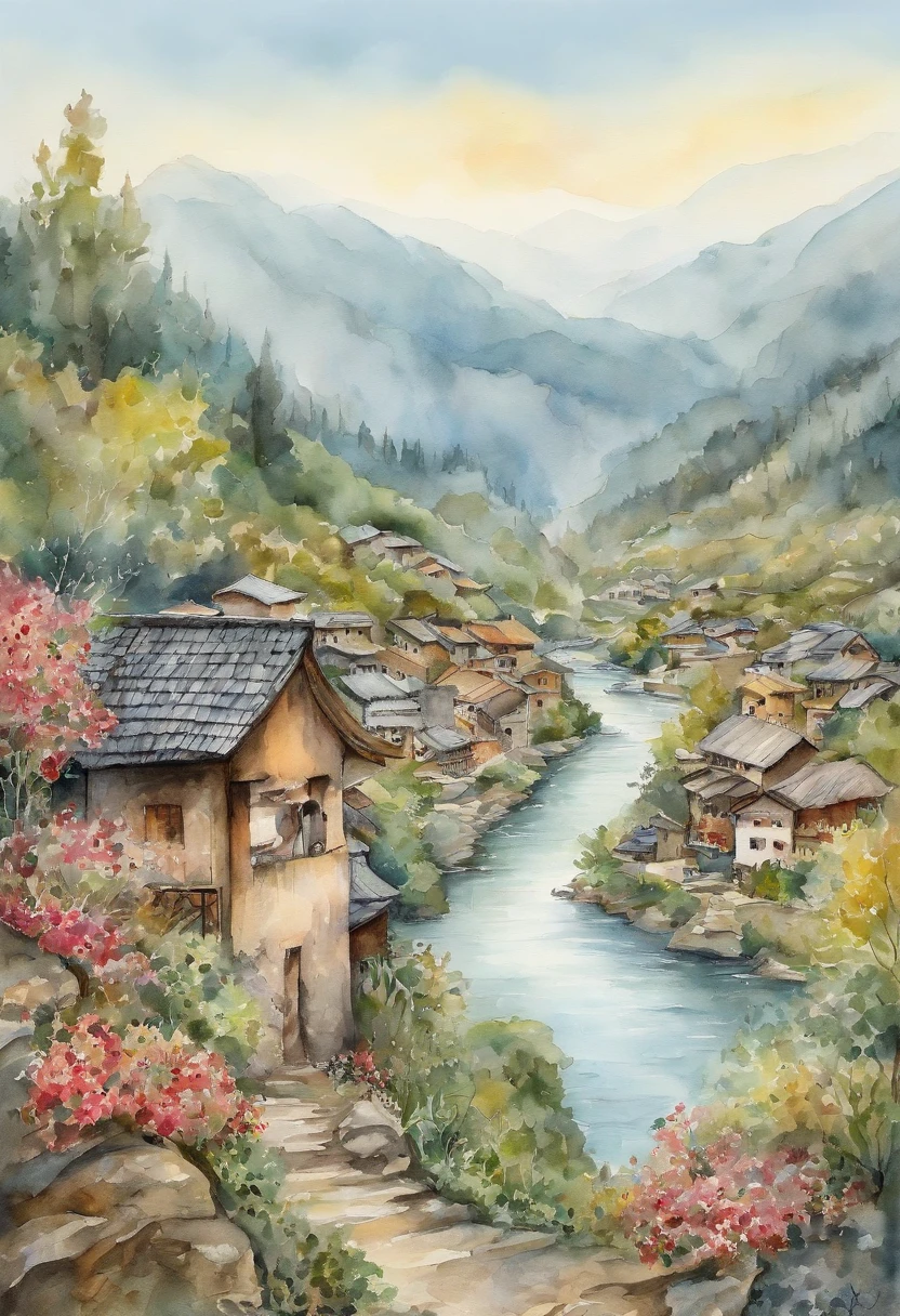 2D, NSFW, Pastel color, aquarelle, linear art,Brunette goddess with long straight hair,Overlooking the perspective,sweet osmanthus,villages,floods,mountain water
