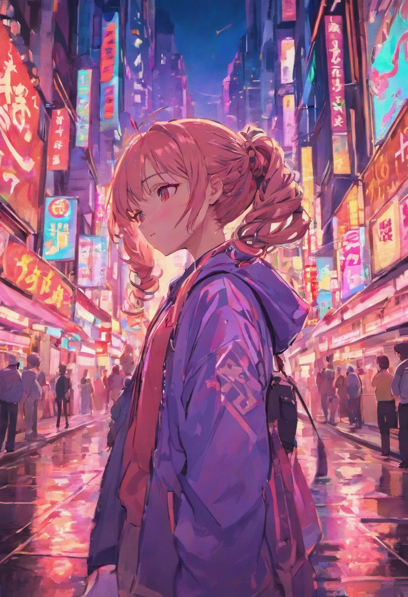 an anime girl with braids in the neon streets of tokyo