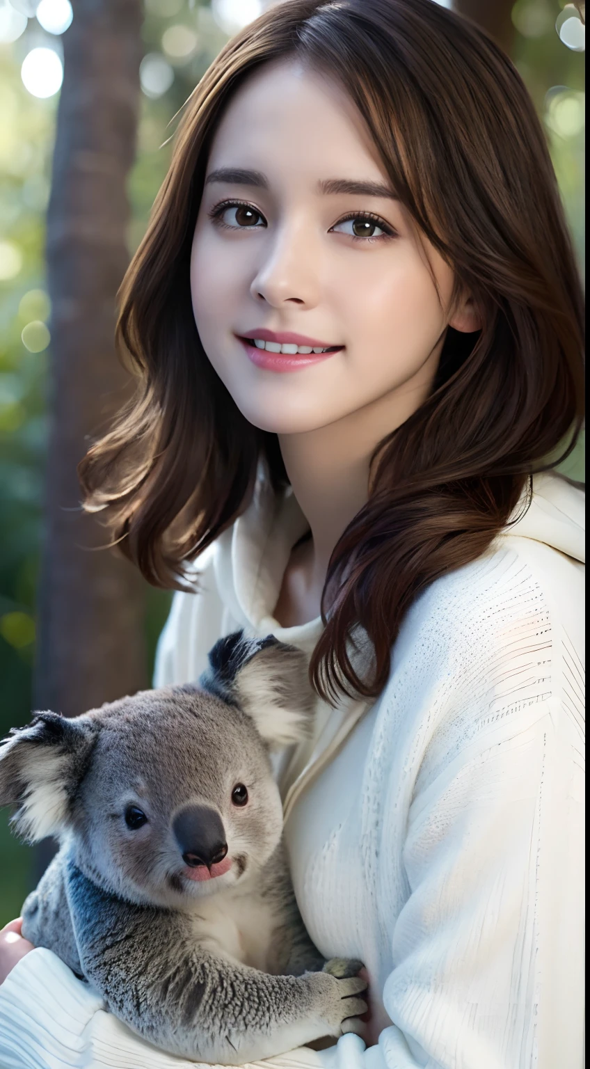 (A hyper-realistic), (hight resolution), (8K), (ighly detailed), (beatiful detailed eyes), (top-quality), (ultra-detailliert), (masterpiece), (A detailed face), softfocus、face of emma watson、Colossal tits、japanes、wearing hoodies、Realistic koalas、Hugging a koala、Australian Zoos、Eucalyptus Tree、a smile、open open mouth