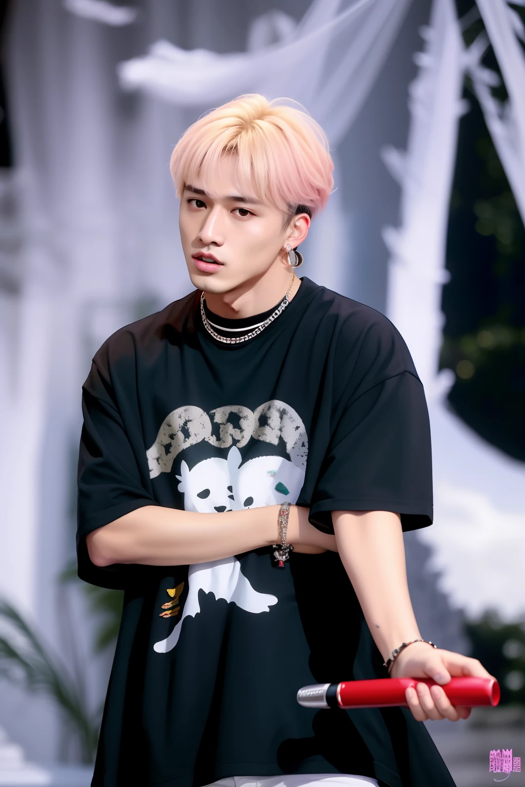 Chico Araffe con cabello rubio y una camisa negra sosteniendo un objeto rojo, jungkook, Cai Xukun, Jossi de Blackpink, Jimin, Hyung Tae, Parque Jimin, Kim Doyoung, Retrato de Jossi de Blackpink, mirada amenazante, Yoongi de pelo negro, Blade de Drain Gang, JIA, Jimin\Nariz griega de, inspirado en Kun Can