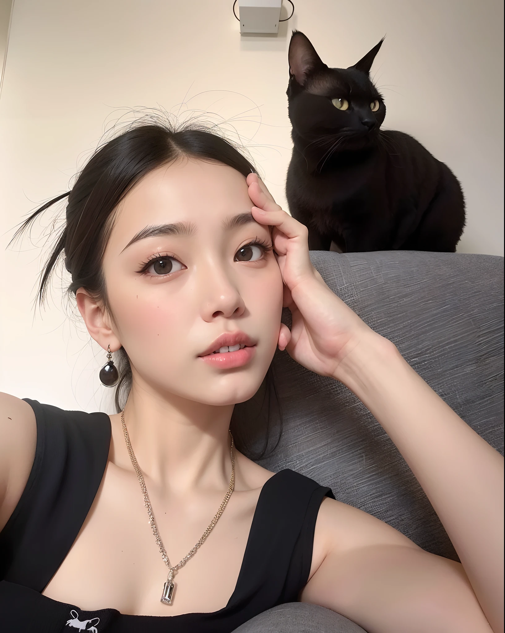 There's a woman sitting on a couch with a cat on her shoulder, com preto, Wenfei Ye, gato preto tirando uma selfie, muito bonita gatinha fofa, there is a cat next to her, Xintong Chen, Fotografia selfie 8k, dilraba dilmurat, gatinha jovem bonita, Lulu Chen, gemma chen, a young asian woman