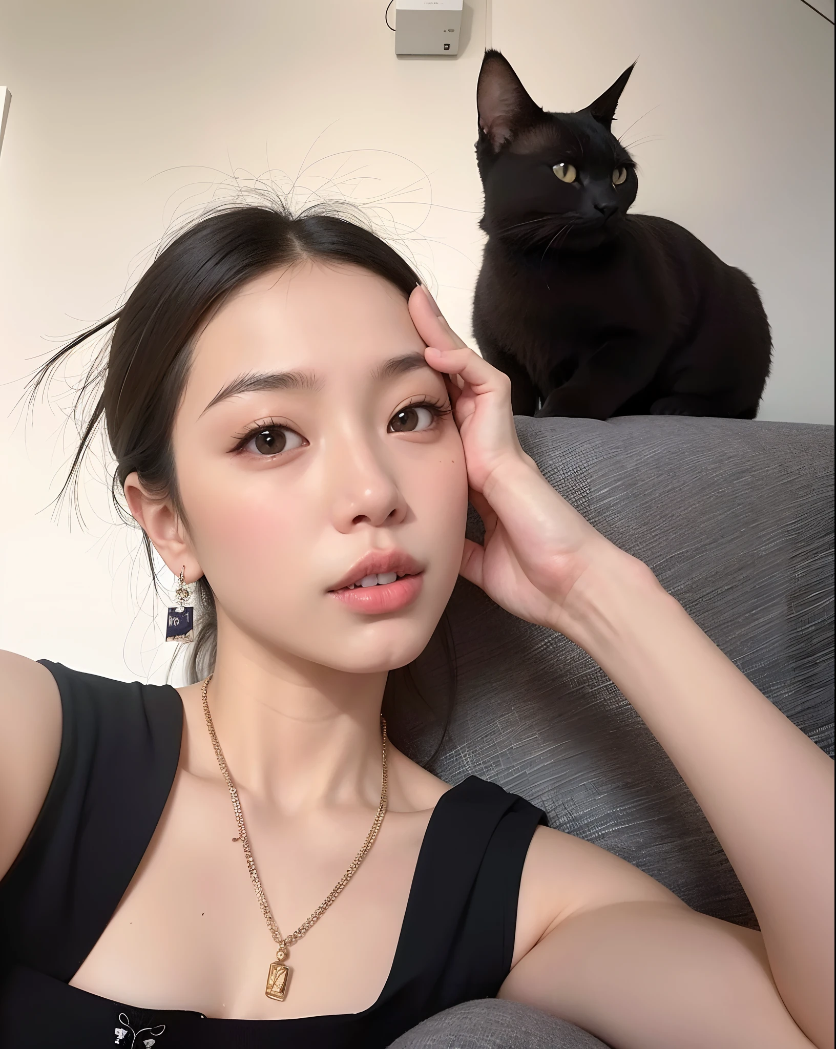 There's a woman sitting on a couch with a cat on her shoulder, com preto, Wenfei Ye, gato preto tirando uma selfie, muito bonita gatinha fofa, there is a cat next to her, Xintong Chen, Fotografia selfie 8k, dilraba dilmurat, gatinha jovem bonita, Lulu Chen, gemma chen, a young asian woman