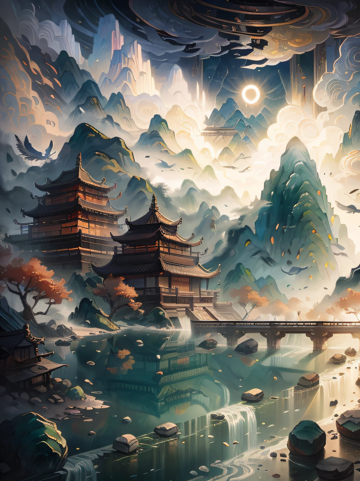 chinese wind mountains, river, auspicious clouds, pavilions, sunlight, masterpiece, super detail, epic composition, ultra hd, high quality, extremely detailed, official art, unified 8k wallpaper, super detail, 32k
