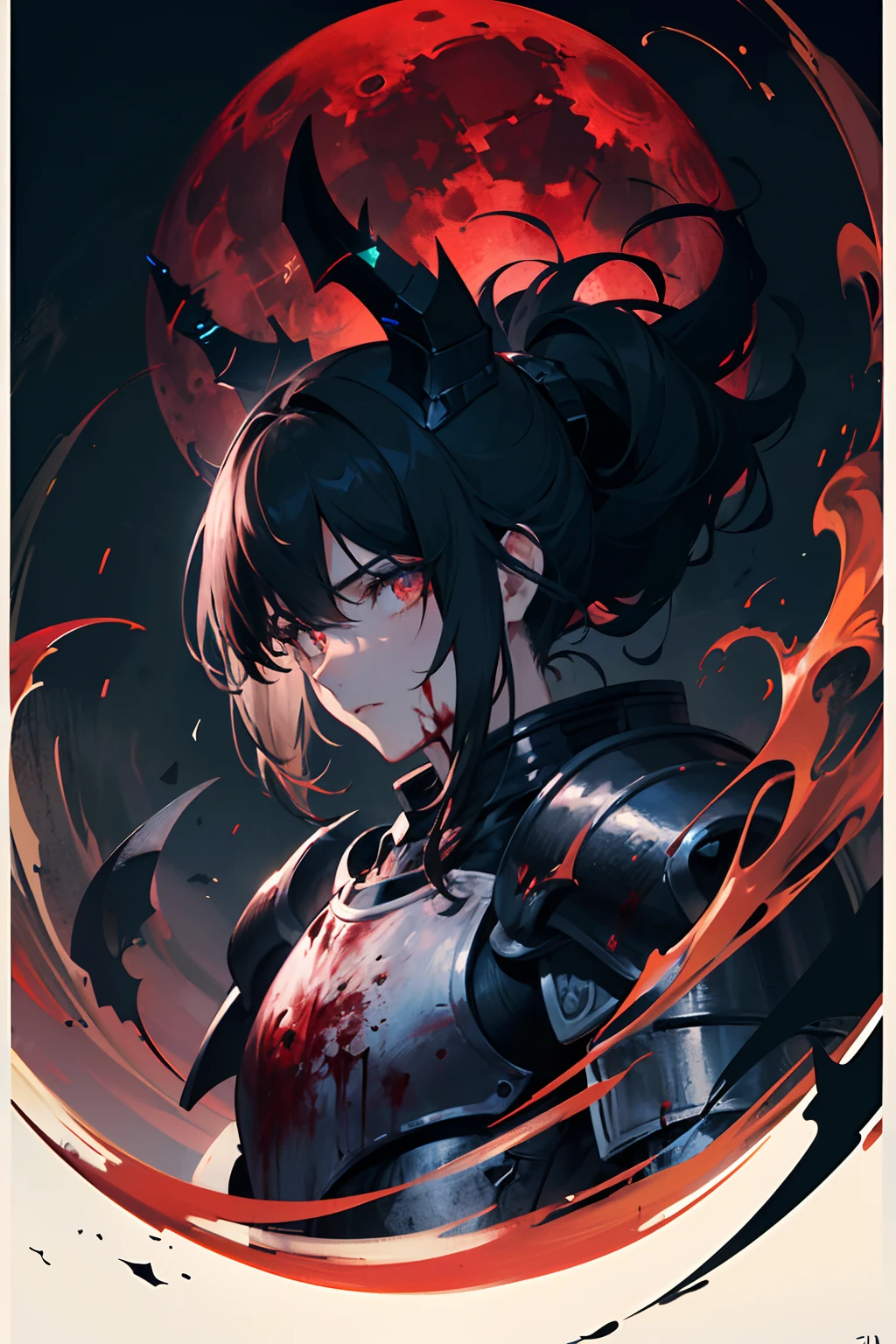 masterpiece, (dark:1.4), 1man, sword, tall handsome young man, royal knight, short black hair, silver armor deep shadow, darkness, (under the moonlight, blood moon:1.3), award winning photo, extremely detailed, amazing, fine detail, absurdres, extremely detailed eyes and face, from below view, full armored body focus, intimidating look, looking at viewers