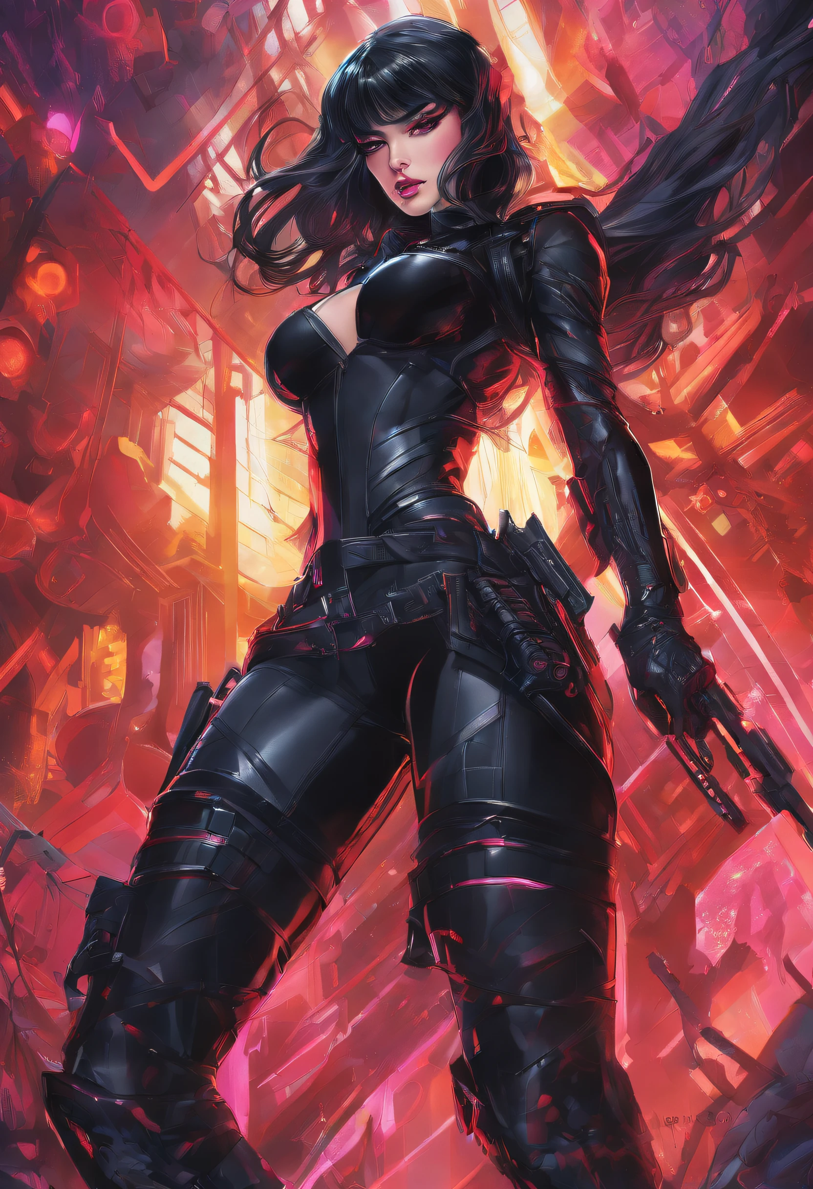 ((masterpiece)), best quality, 8k, high quality, high resolution, super detailed, ultra detailed, sexy, G.I. Joe Baroness woman, cyberpunk, black hair, pretty, long legs ,low cut black suit, holding gun, glasses, action pose, neon colors, full detail, ross tran style, rossdraws 2. 5, inspired by Ross Tran, halloween art style, extremely detailed artgerm