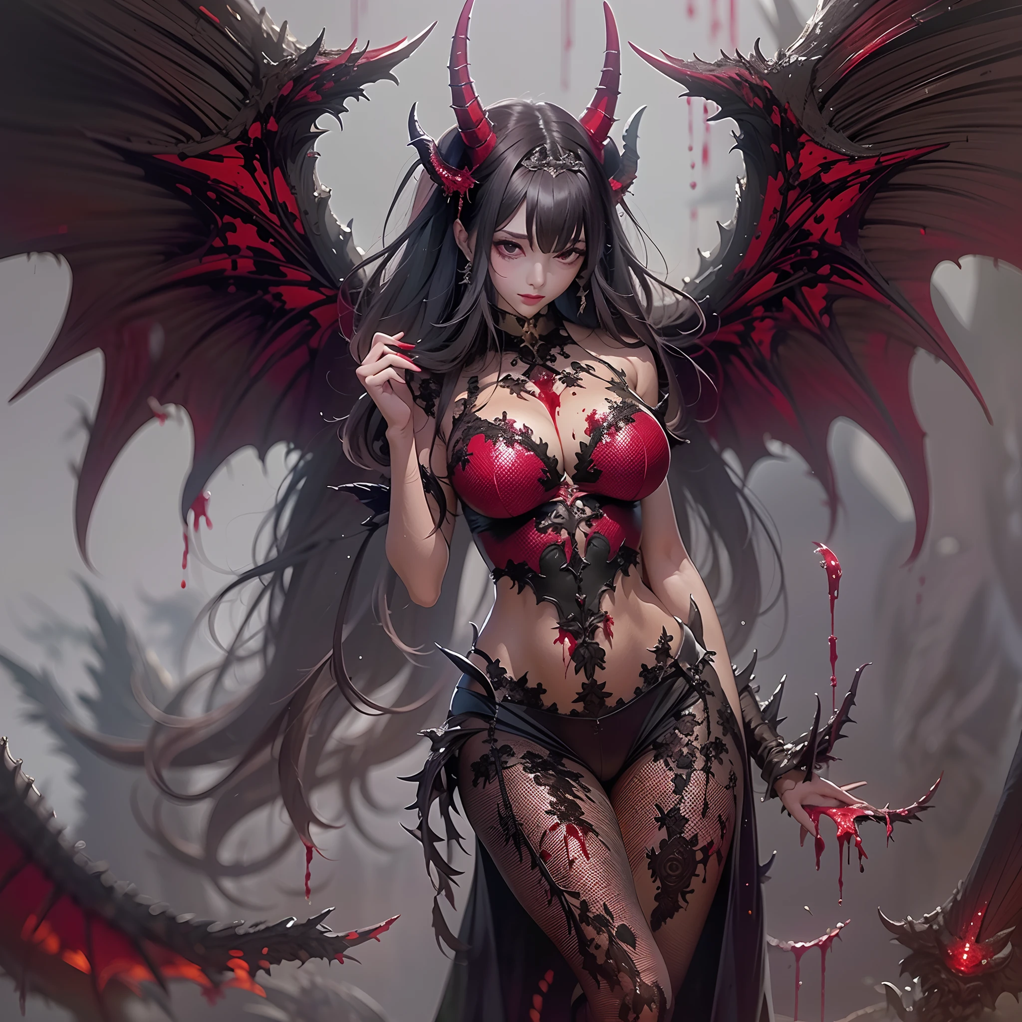 beautiful demon girl, masterpiece, best quality, highres, outdoors ,Full body shot:2, monster,demon king,wings,blood
