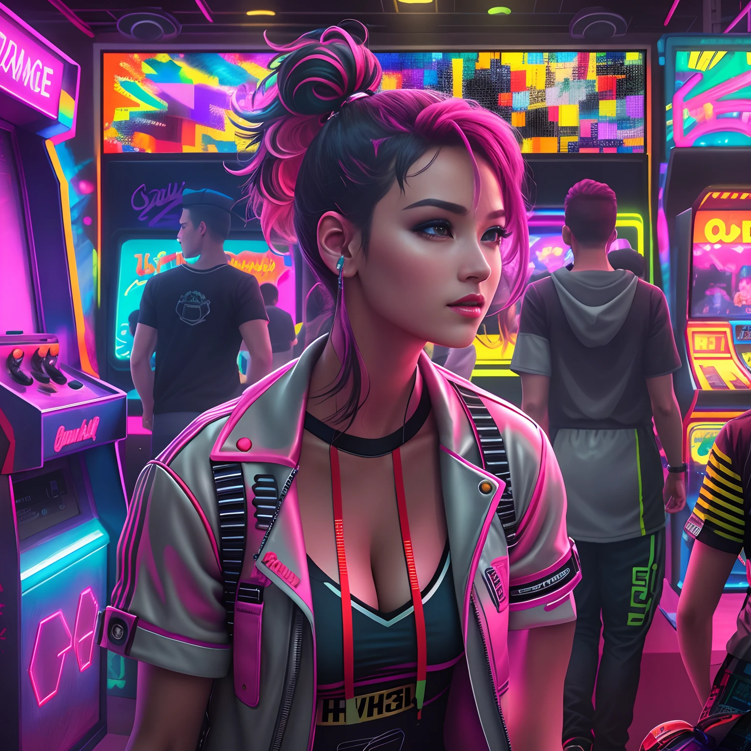 (Best quality,4K,8K,A high resolution,Masterpiece:1.2),Ultra-detailed,(Realistic,Photorealistic,photo-realistic:1.37),bright vibrant colors,1 Punk girl,Vibrant colors,80shair style,Girl playing arcade game in shopping mall,,Play video games seriously,Arcade games,Power Dance Troupe,Vintage vibes,Neon lights,Explosive energy,Futuristic technology,Fast-paced pacing,Exciting gameplay,Lively atmosphere,techno music,Upbeat rhythm,Competitive spirit,Dynamic movements,urban surroundings,High score,Glowing dance floor,Strobe light,Colorful costumes,Synchronized choreography,Talented dancers,audience cheering,Clever tricks,cheerful mood,immersive experience,Single player mode,An uplifting moment,Transform visual effects,Special props,The stage exists,positive vibe,Interactivity,striking visual effects,Thrilling challenges,Unforgettable memories