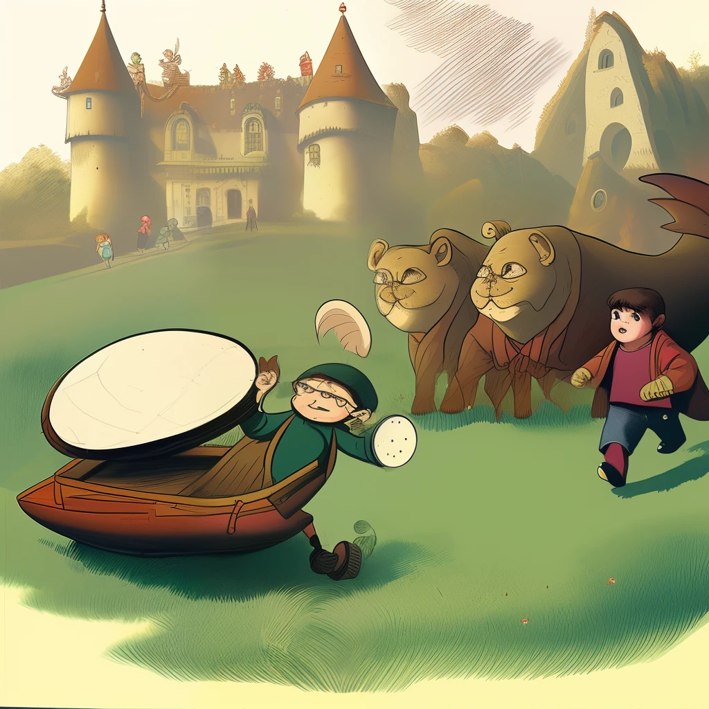 Fat giant with brown beard chasing a small boy qith dark hair and glasses.  Fairy tale art style.