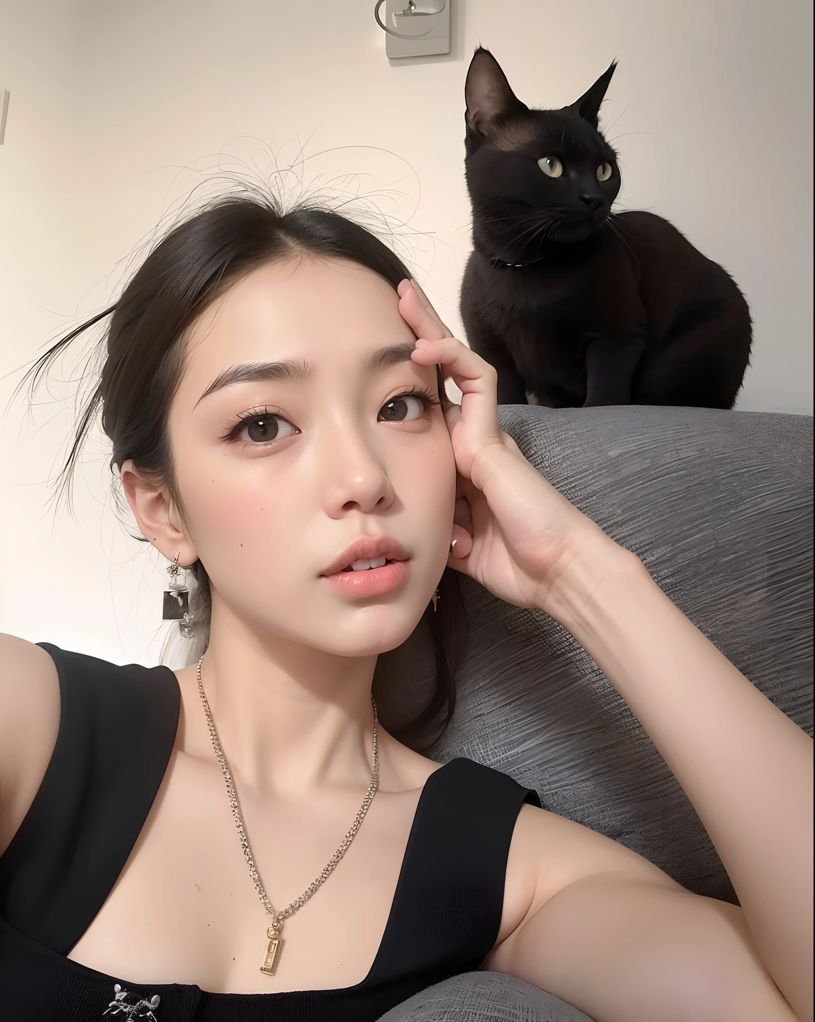 There's a woman sitting on a couch with a cat on her shoulder, com preto, Wenfei Ye, gato preto tirando uma selfie, muito bonita gatinha fofa, there is a cat next to her, Xintong Chen, Fotografia selfie 8k, dilraba dilmurat, gatinha jovem bonita, Lulu Chen, gemma chen, a young asian woman