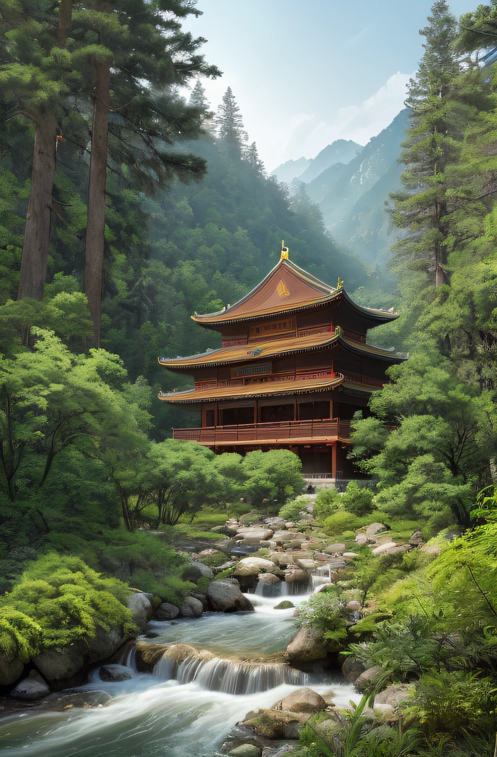 Generate an realistic image background only, surrounded by tall pine trees and a river flowing nearby, with misty mountains and lush greenery in the background.
(Chinese-style architecture),(Chinese architecture),(raw photo:1.2), (photorealistic:1.4), absurdres, incredibly absurdres, huge filesize , ultra-detailed, highres, extremely detailed,best quality ,masterpiece, illustration, an extremely delicate and beautiful, extremely detailed ,CG ,unity ,8k wallpaper, Amazing, finely detail, masterpiece,best quality, pureerosface_v1,ulzzang-6500-v1.1,