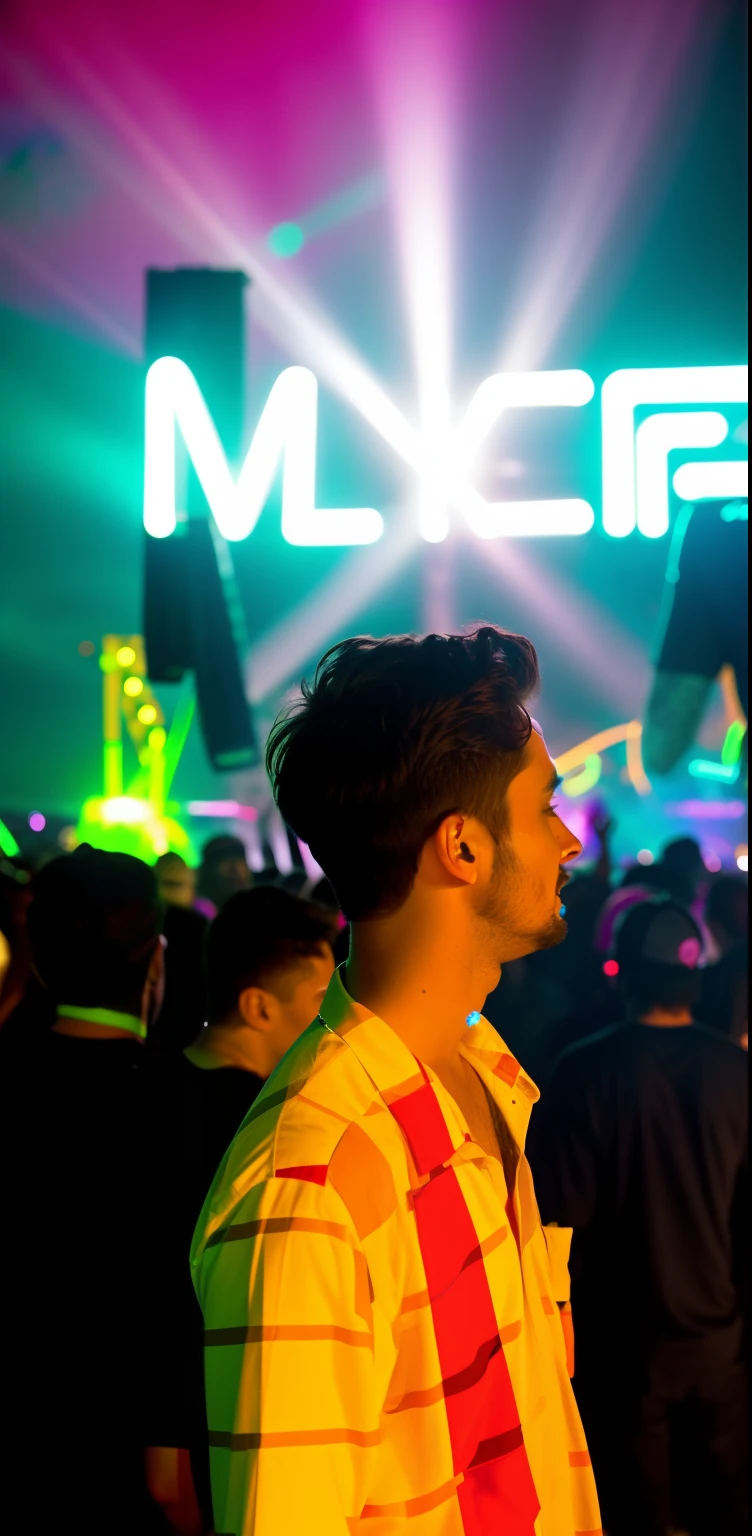 there is a man standing in a crowd at night with a neon sign, scene from a rave, many partygoers, at a rave, ominous figure in the background, rave party, people enjoying the show, lasers all over the scene, outdoor rave, a person at a music festival, in front of a large crowd, candid shot, huge crowd on drugs, music festival