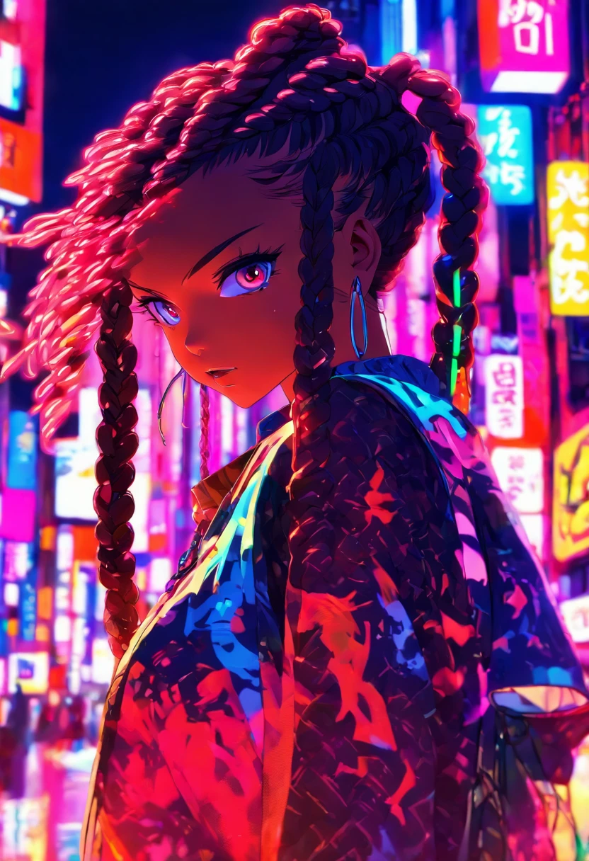 an anime girl with braids in the neon streets of tokyo