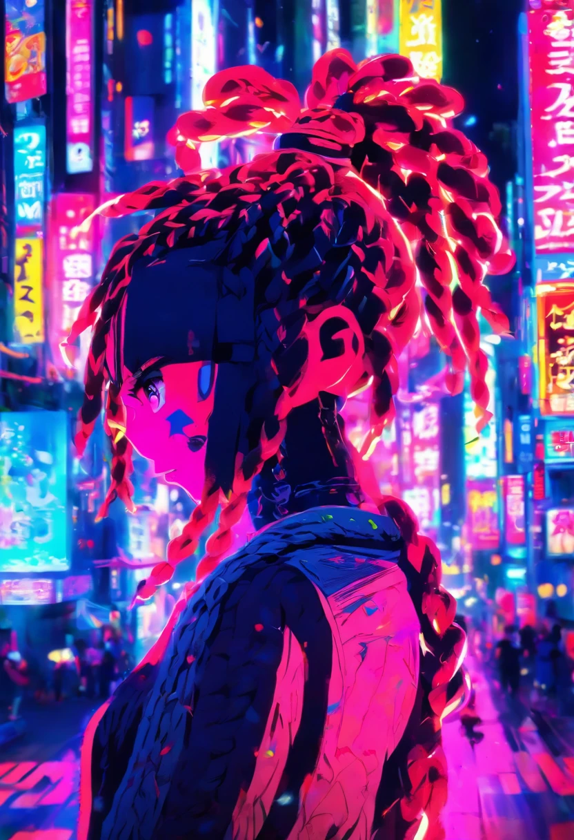 an anime girl with braids in the neon streets of tokyo