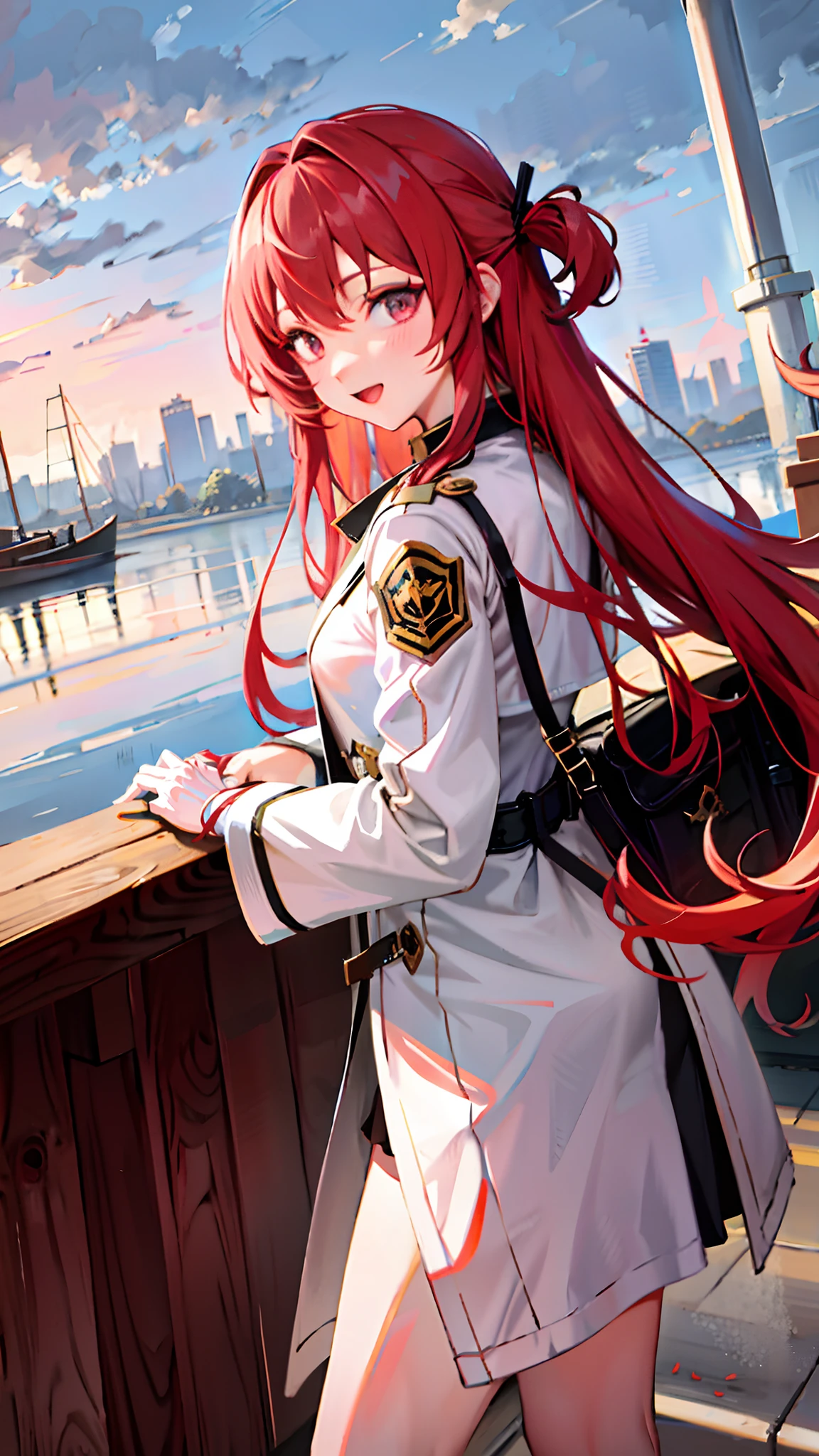 Anime girl with long red hair and white dress ,  she has red hair, Anime girl with long hair, zerochan art, ( ( wearing a long coat ) )，Masterpiece