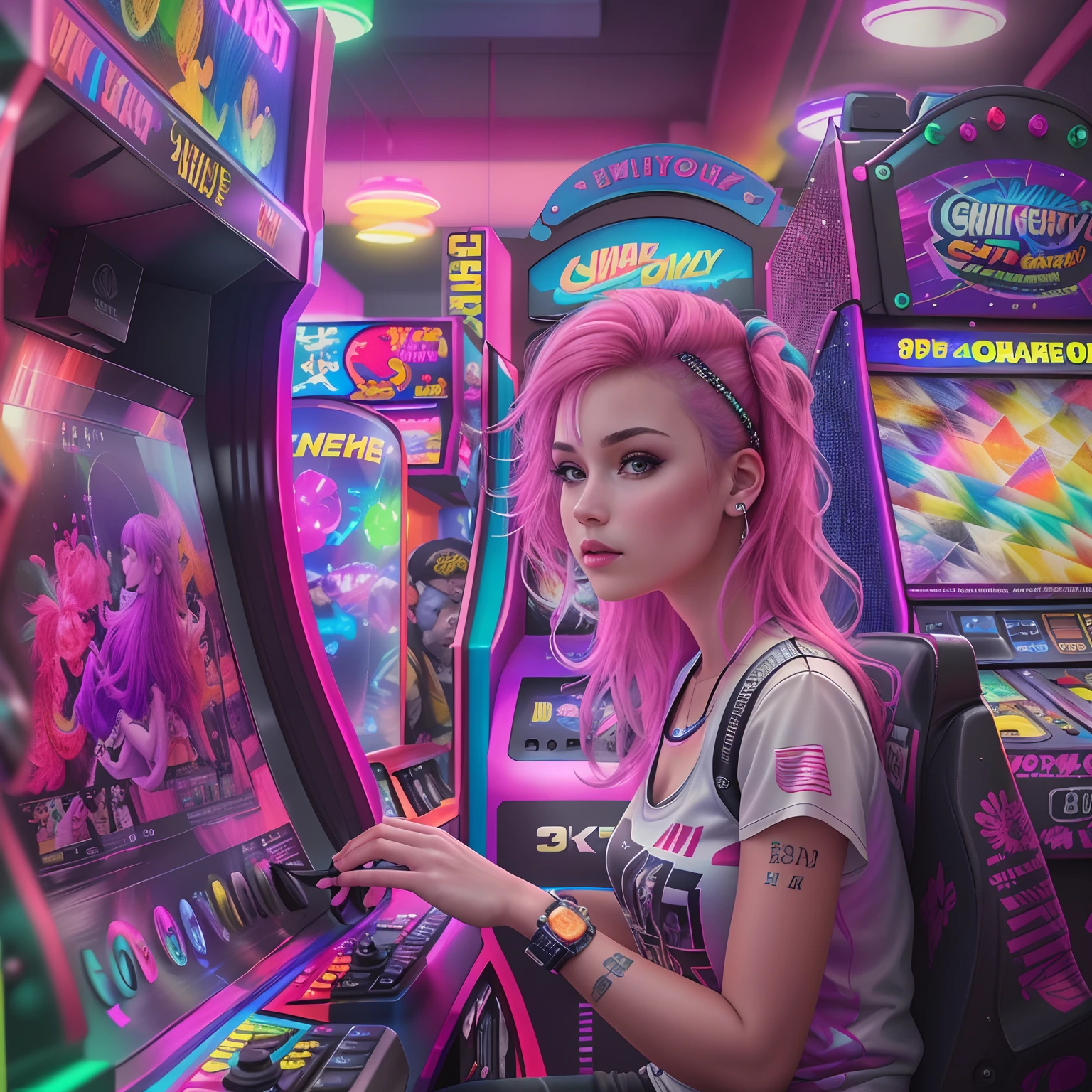 (Best quality,4K,8K,A high resolution,Masterpiece:1.2),Ultra-detailed,(Realistic,Photorealistic,photo-realistic:1.37),bright vibrant colors,1 Punk girl，Vibrant colors,80shair style，Girl playing arcade game in shopping mall,，Play video games seriously，Arcade games,