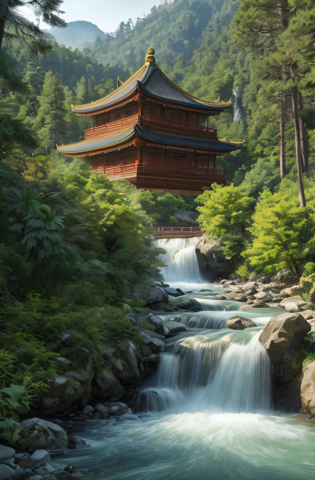 Generate an realistic image background only, surrounded by tall pine trees and a river flowing nearby, with misty mountains and lush greenery in the background.
(Chinese-style architecture),(Chinese architecture),(raw photo:1.2), (photorealistic:1.4), absurdres, incredibly absurdres, huge filesize , ultra-detailed, highres, extremely detailed,best quality ,masterpiece, illustration, an extremely delicate and beautiful, extremely detailed ,CG ,unity ,8k wallpaper, Amazing, finely detail, masterpiece,best quality, pureerosface_v1,ulzzang-6500-v1.1,