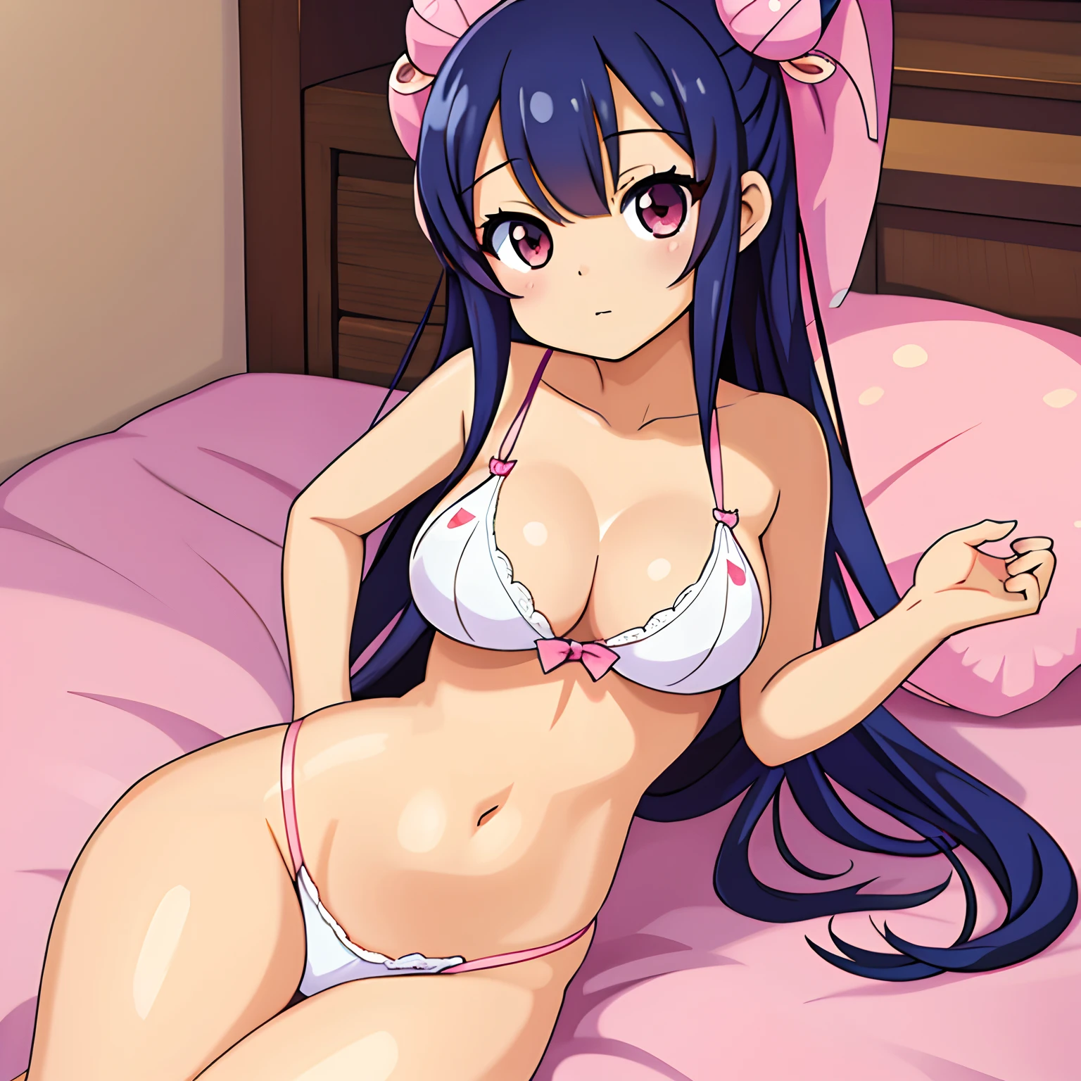 Cute anime girl pin-up, long hair, round eyes, slim, exposed breasts, 2000s kawaii artstyle