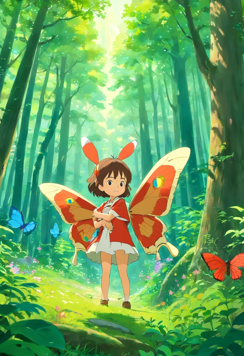 Besouro curioso e borboleta na floresta em desenho 3d