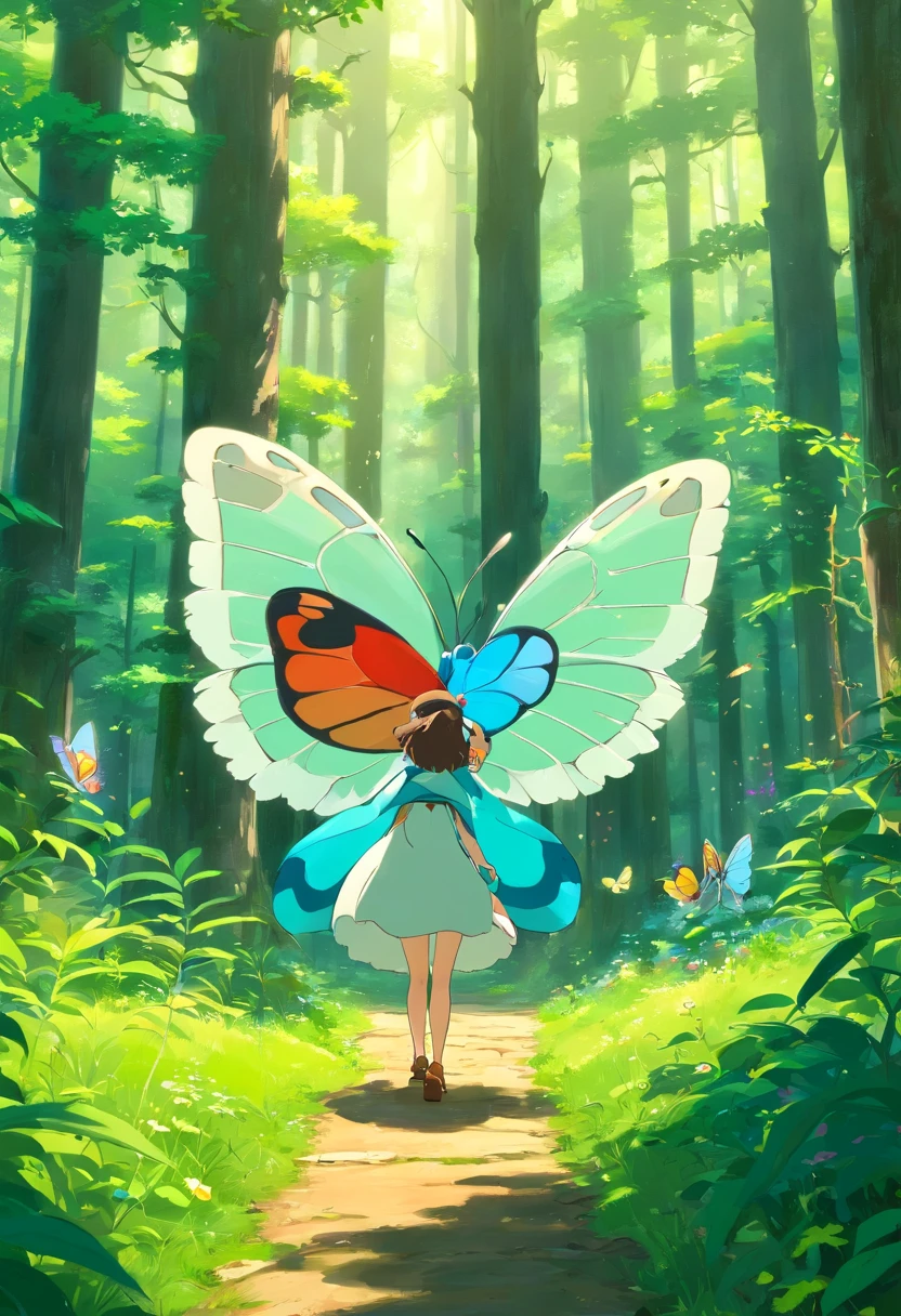 Besouro curioso e borboleta na floresta em desenho 3d