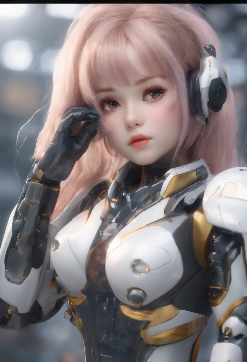 MASTERPIECE li,Stars are anthropomorphic,traje transparentes,cyberpunk, dreamy glow, bright neon lights, ( HDR, Renderizado irreal,Reasonable design, Alto nivel de detalle, Obra maestra, La mejor calidad, hiper HD, cinematography lighting), Mecha Musume, traje translucido, senos roboticos, pelo alzado arriba de la cabeza, pelo blanco, cabello blanco. Zona pectoral desnunda, abierta para refaccion, pechos translucidos