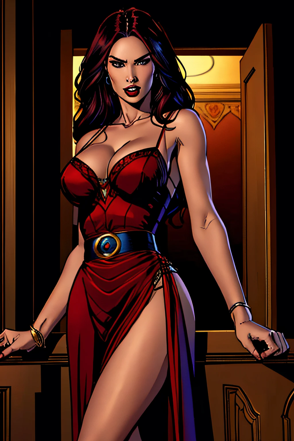 La mejor calidad, 4k, 8k, a high definition, Megan Fox as a vampire, sexy, red wine dress open neckline showing leg, character design