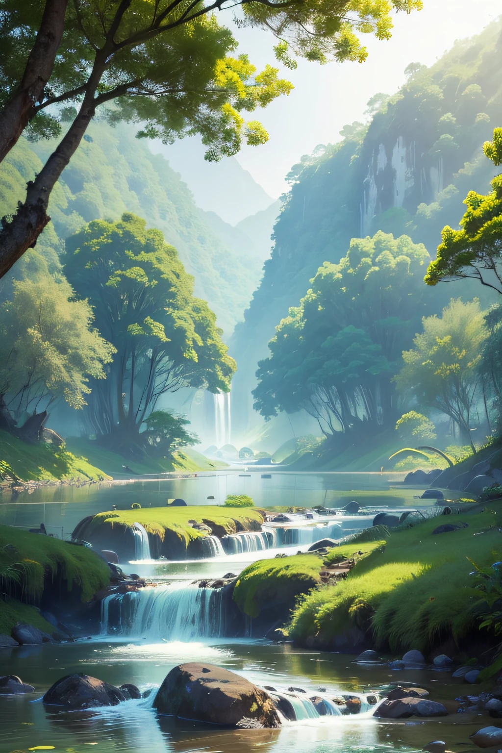 Chinese Antiquity、springtime、jungles、lakes、mountain stream、flowingwater,The tree、grassy fields、Rochas、hydrosphere ,The light is gentle,Best picture quality