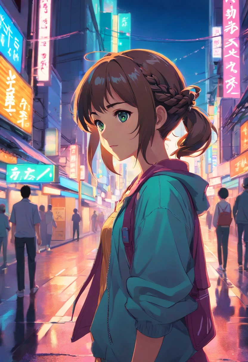 an anime girl with braids in the neon streets of tokyo