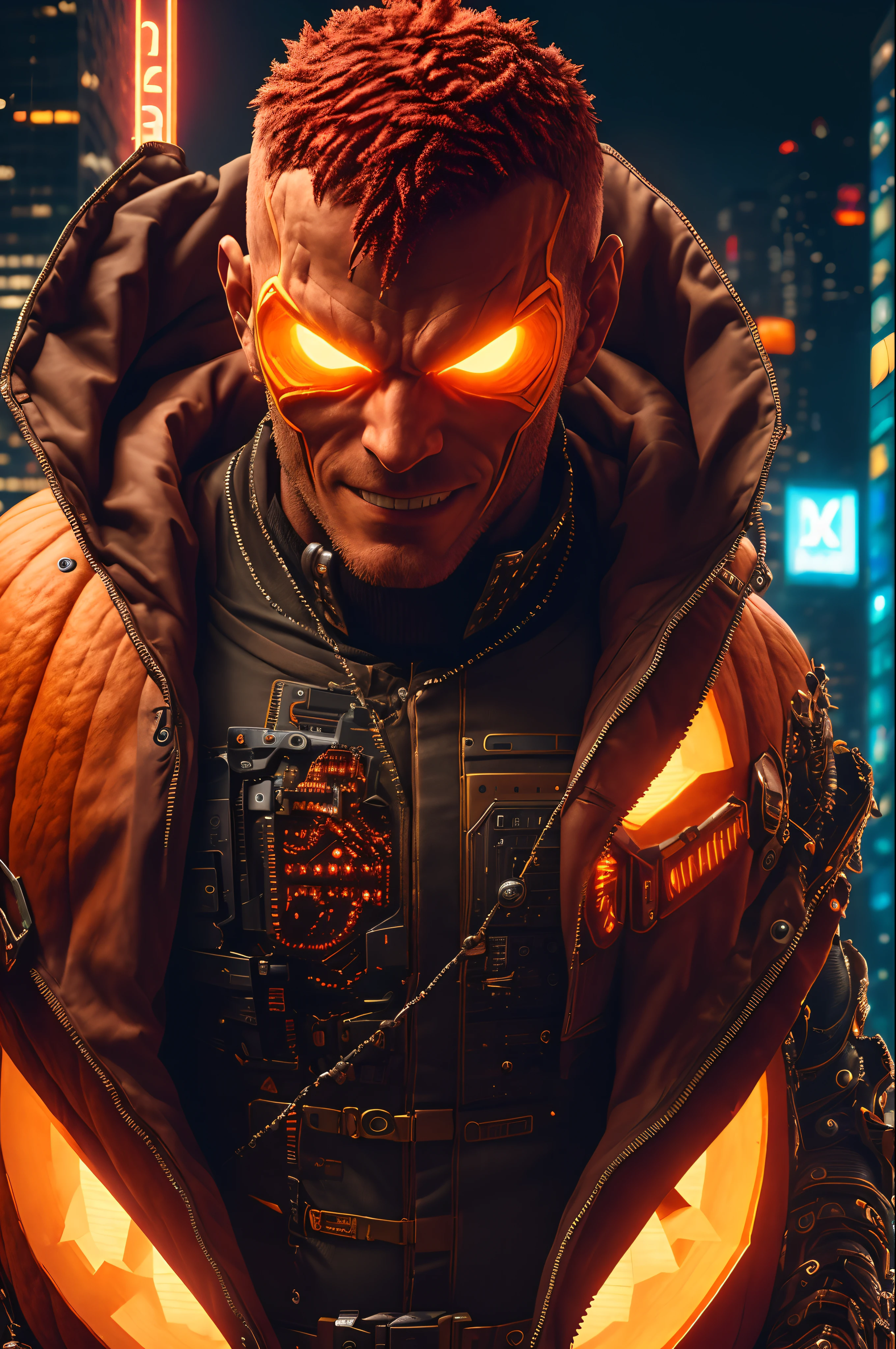 (extremely detailed 8k wallpaper), a medium shot photo of a cyberpunk Pumpkin-man from DC, intricate, high detail, dramatic