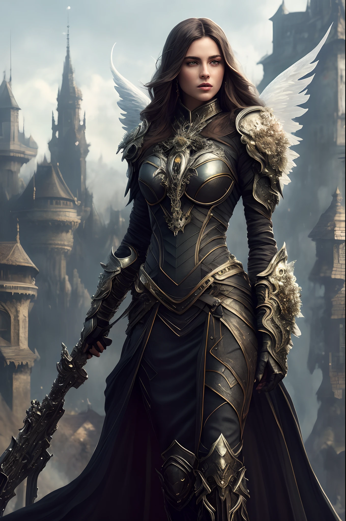 full body:1.6, walking pose, slow motion, (rogue thief:1.2) woman, multi-layered stitched,(white silk cloak), (intricately patterned cloth:1.2), (insanely detailed, flowering:1.5), (top quality, Alessandro Casagrande,
Greg Rutkowski, Sally Mann, concept art, 4k), (analog:1.2), (high sharpness), (detailed pupils:1.1), (painting:1.1), (digital painting:1.1), detailed face, eyes and body, masterpiece, best quality, (highly detailed photo:1.1), 8k, photorealistic, (long  hair, :1.1), (young woman:1.1), by jeremy mann, by sandra chevrier, by maciej kuciara, sharp, (perfect body:1.1), realistic, real shadow, 3d, (europe castle background:1.2), (by Michelangelo), angel of death, innocent,  eyes, diadem, angel wings, black clothes, full body, arms behind back, sky, halo, post-apocalypse, detailed armor