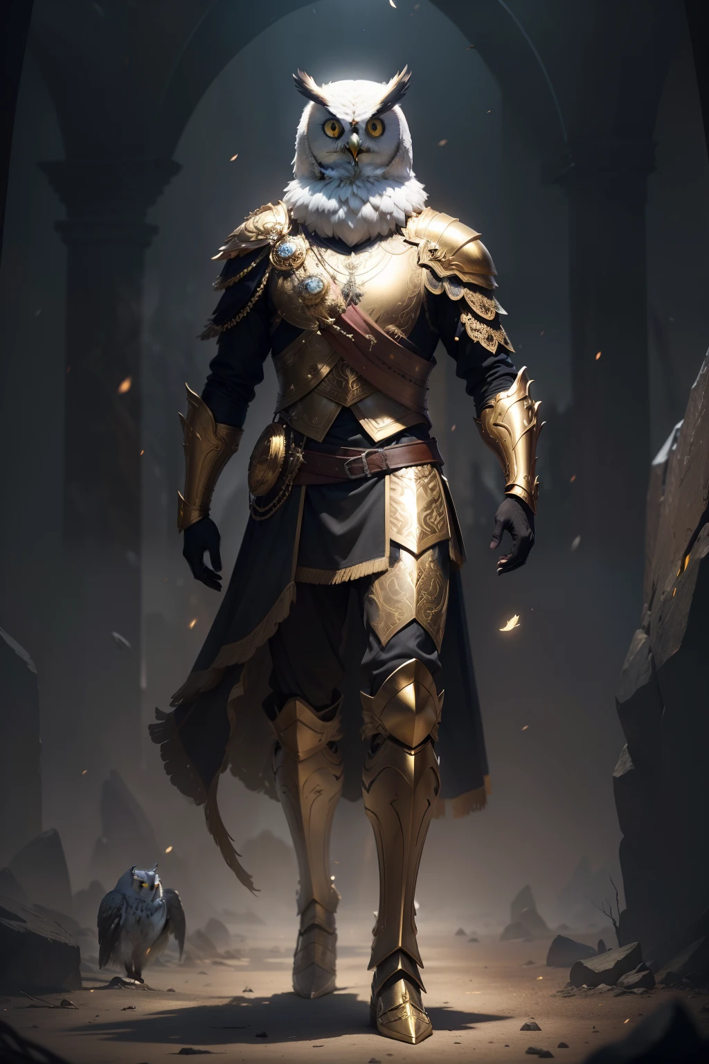Inspiring Owl Guide Image, Man with the head of a white owl，Standing on your feet, Hold the flashlight with one hand, In gold and black armor, fantasy art, high detail, Cinematic lighting, God the Holy, Гипер HD, hight resolution, full - body, bronze armor