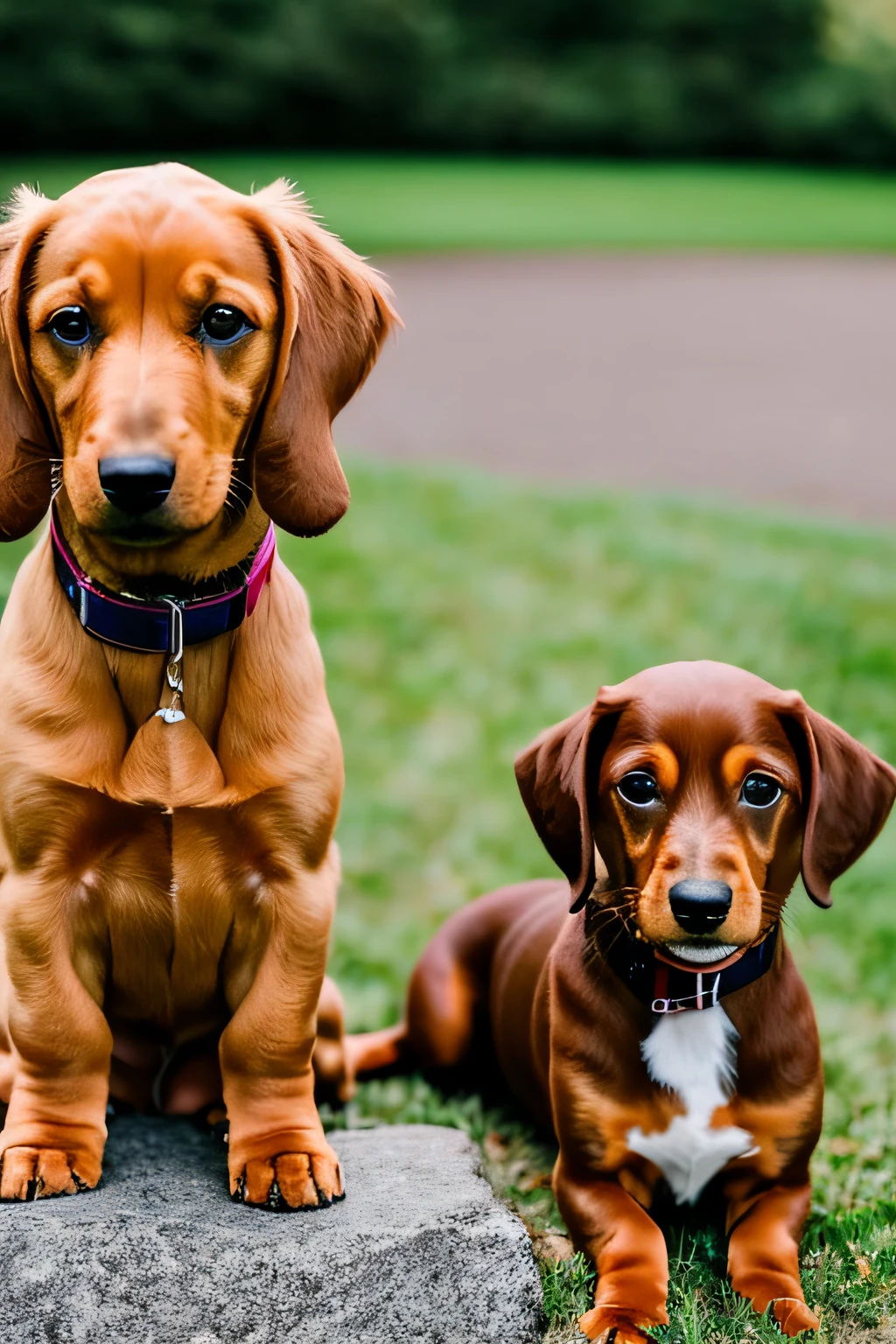 Generate a top-quality image that depicts two poodles, um dachshund e um pinscher de forma incrivelmente realista e cativante. Each breed of dog must be accurately represented, highlighting their distinct features, como o pelo fofo dos poodles, The elongated body of the dachshund and the sleek appearance of the pinscher.

Apply a cinematic style that gives the image an emotional and evocative atmosphere. Use lighting that brings out the details of the hair, Dogs' eyes and noses, and create a composition that conveys the personality and interaction between them.

Make sure that the detail levels are so advanced that any observer feels as if they can touch and pet the animals. Use artificial intelligence to create an image that captures each dog's unique expression and tells a visual story that is both moving and enchanting.