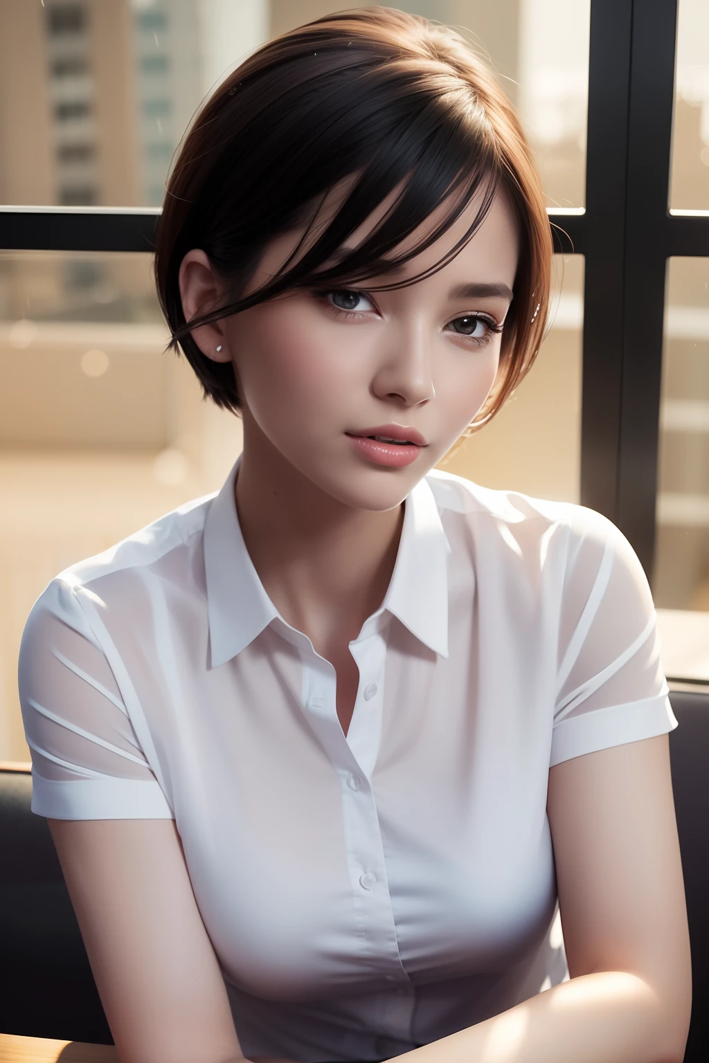 (8K, Top Quality, Masterpiece: 1.2), (Realistic, Photorealistic: 1.37), Super Detailed, 1 Girl, Cute, Solo, Beautiful Detailed Sky, Detailed Office, Night, Sitting, (Blushing Nose), (Smile: 1.15), (Mouth closed), Medium Breasts, Beautiful Detailed Eyes, (Shirt with collar: 1.1), Night, Wet, Shadow, Shade, Naked, , Rain, (Short hair: 1.2), pureerosface_v1, computer, detail finger, beautiful detail face,