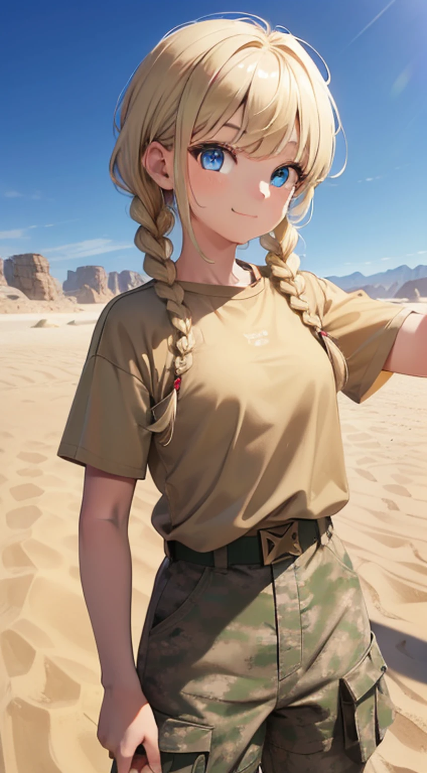 masterpiece, high quality, sand desert on background, (Military personnel:1.5)、(Desert Terrain:1.3), young girl, Smiling, Cute, blue eyes, blonde hair, Bangs hair, Hairstyle with 2 braids, looking up at the camera, Military camouflage pants, Brown-beige T-shirt